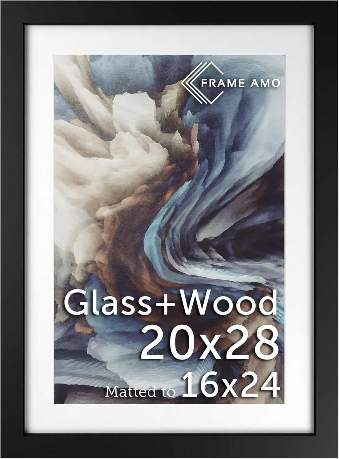Frame Amo 20x28 Black Solid Wood Poster Frame, White Mat for 16x24 Image, Tempered Glass Front, 1.5 inch Wide, 1 inch Thick, High-End, Heavy-Duty, Gallery Grade & Acid-Free