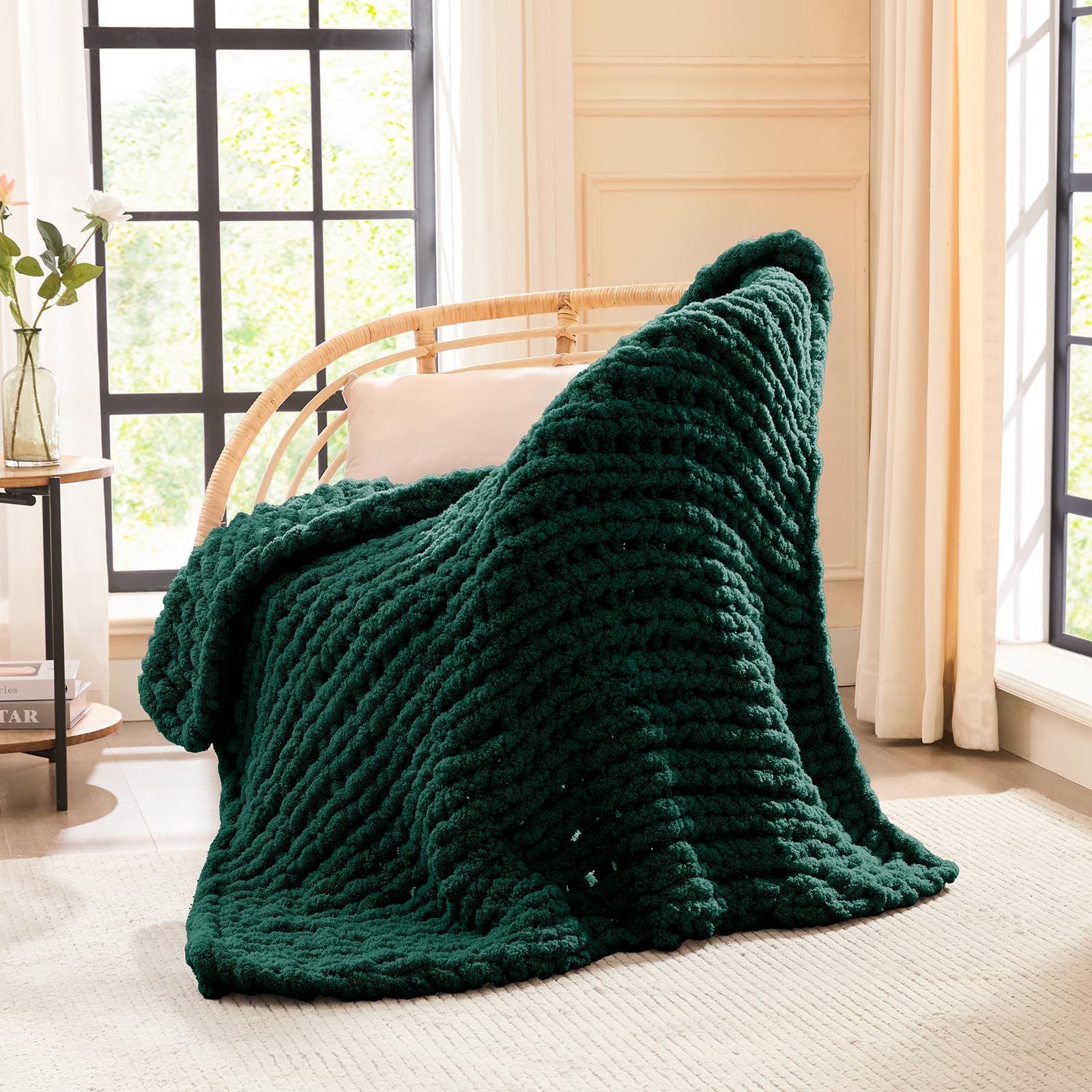 L'AGRATY Chunky-Strickdecke Olivgrün (150x200 cm), Weiche Chenille-Garn Wurfdecke, Handgemachte Zopfstrick-Decke, Kuschelige Häkeldecke für Sofa, Bett & Wohnkultur