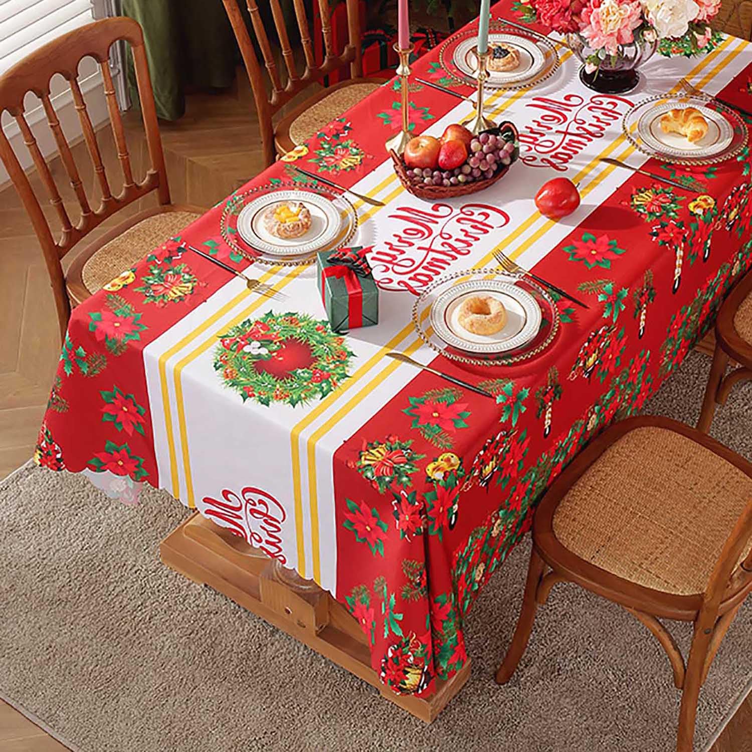 Grandes Mantel Rojo Navidad Flores, Mantel Navideño Rectangular de Invierno, Manteles de Navidad Antimanchasde Poliéster para Mesa Decoración de Mesa Hogar,150x400cm