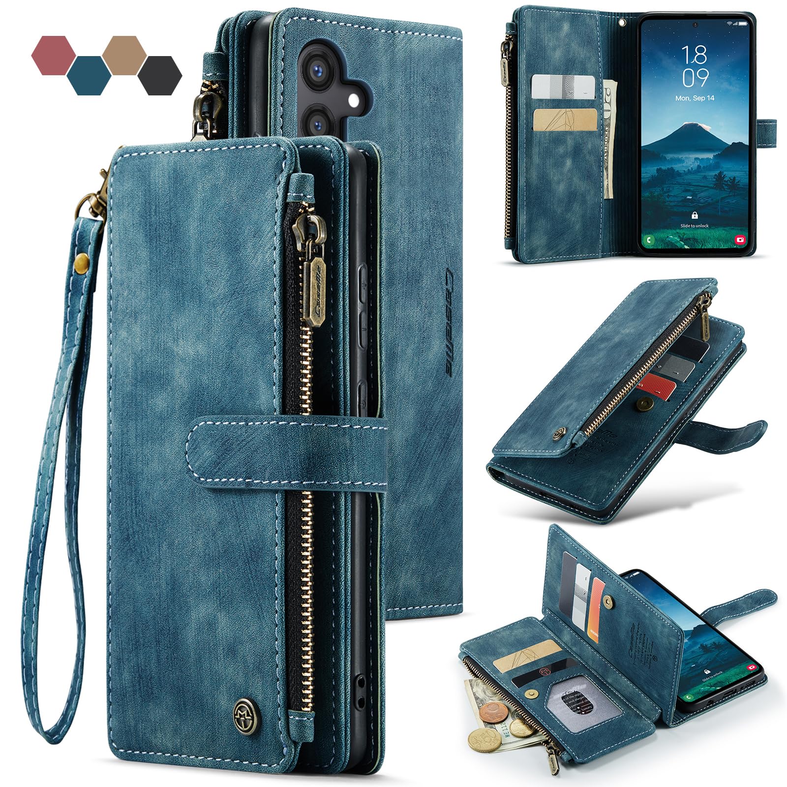 Lxisxcna Samsung Galaxy S24 5G Wallet Case with Card Holder Kickstand Magnetic Zipper Pocket Lanyard Strap Wristlet,Leather Flip Case Wallet for