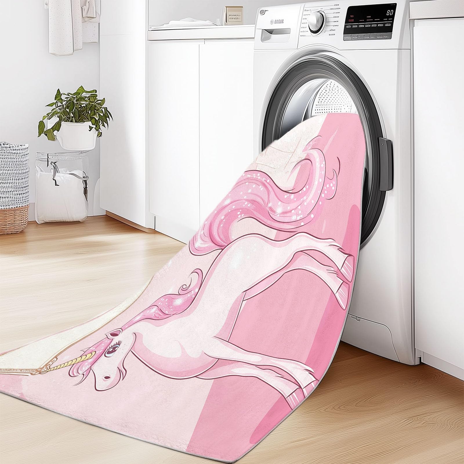 Generisch Teppich Cartoon Schloss Einhorn rutschfest Waschbar Teppich,90 x 150 cm Druck Teppich für Dekoration Schlafzimmer Kinderzimmer Wohnzimmer Kurzflor Rosa Teppich