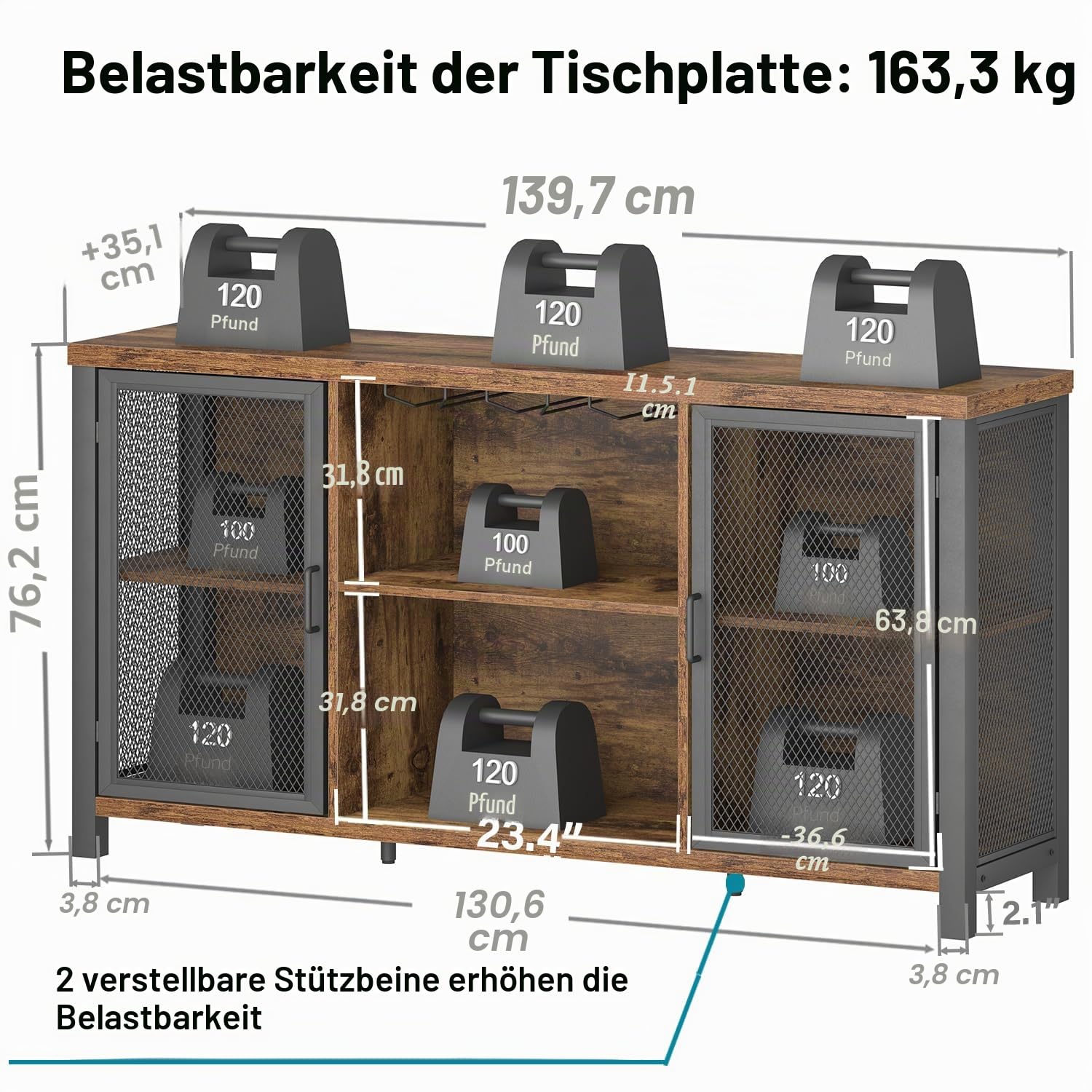 Launica Sideboard Kücheschrank Mit Stauraum Industriell Weinschrankf für Spirituosen Schrank Mit Wein Regal Holz Metall Barschrank für Zuhause Küche Essen Rustikal Braun 140 cm