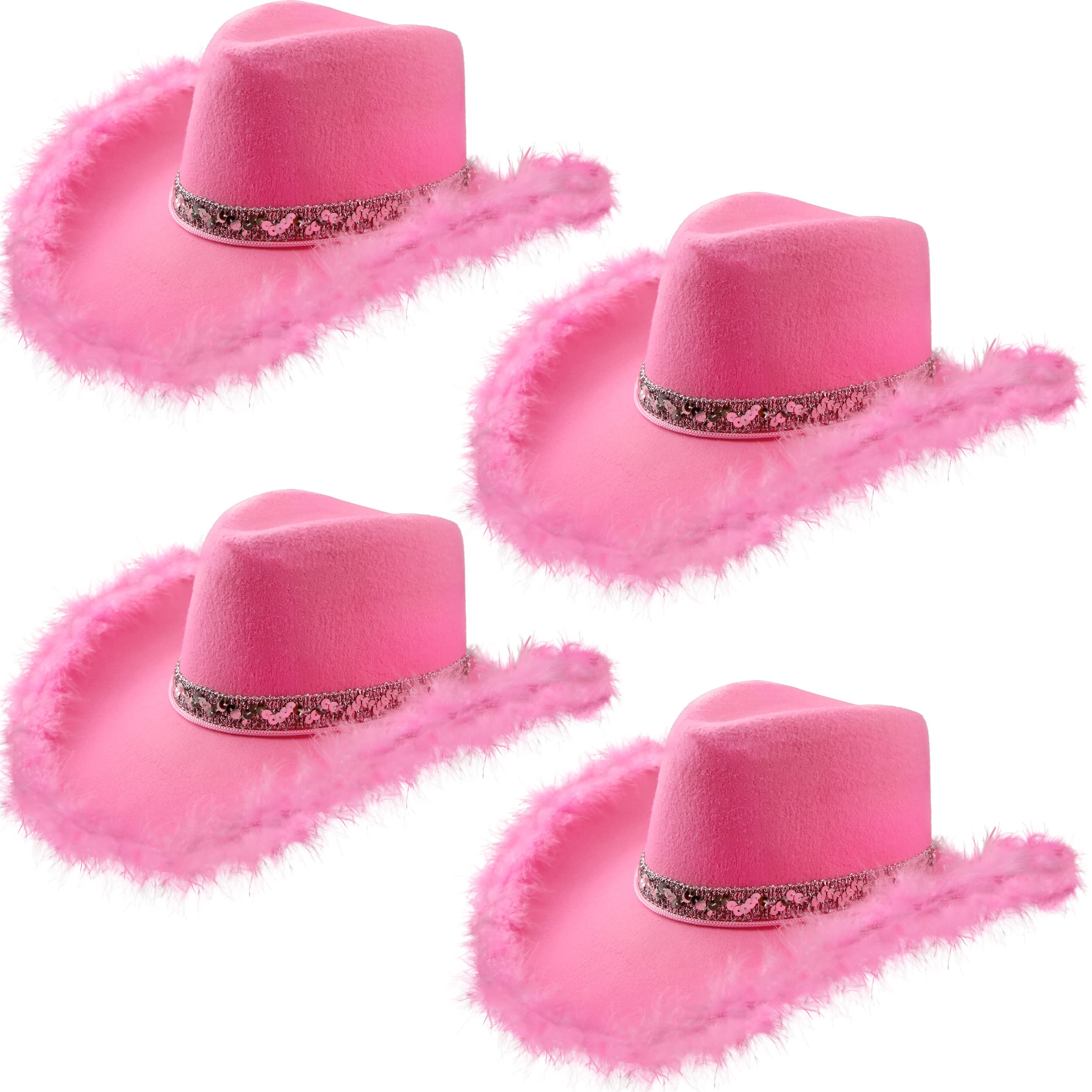 SGBETTER 4 Pack Pink Cowboy Hat Cowgirl Hat with Feather Texan Western Cowgirl Hat for Women Dress up Cowboy Party Accessories (Pink)
