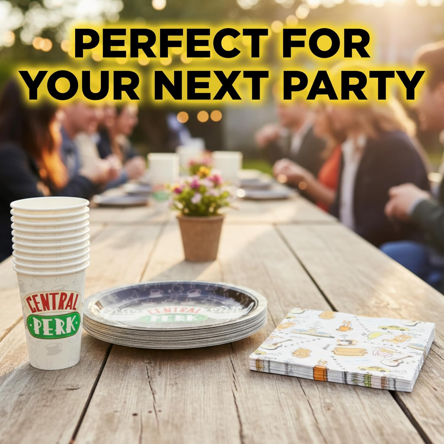 Silver Buffalo Friends Central Perk Iconic Icons and Quotes Pivot 60 Pack Partyware Disposable Paper Plates, Napkins, and Cups