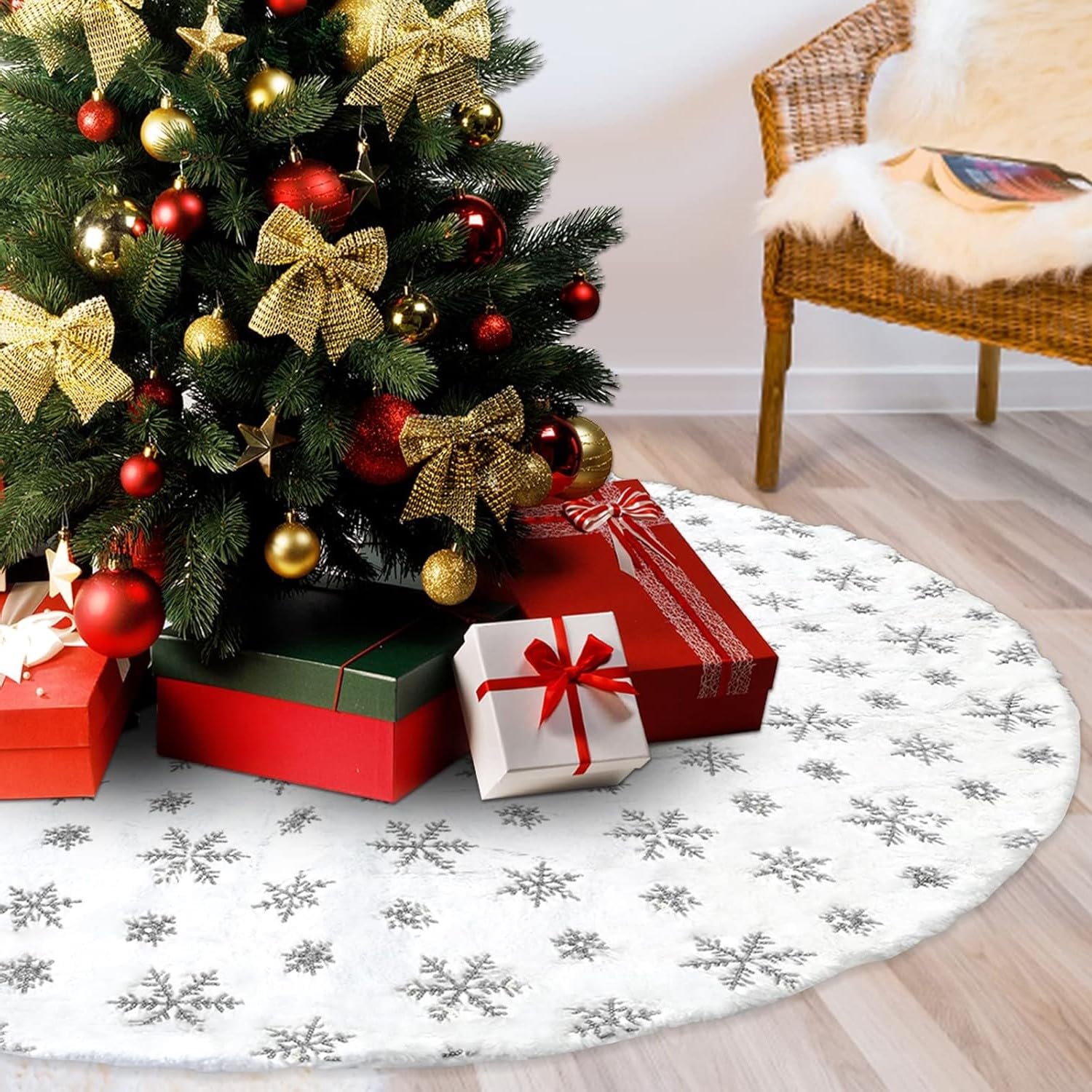 Coperta Per Albero Di Natale Rotonda In Cotone - Diametro 120 Cm, Reversibile Salvia/Beige, Orlo Dorato