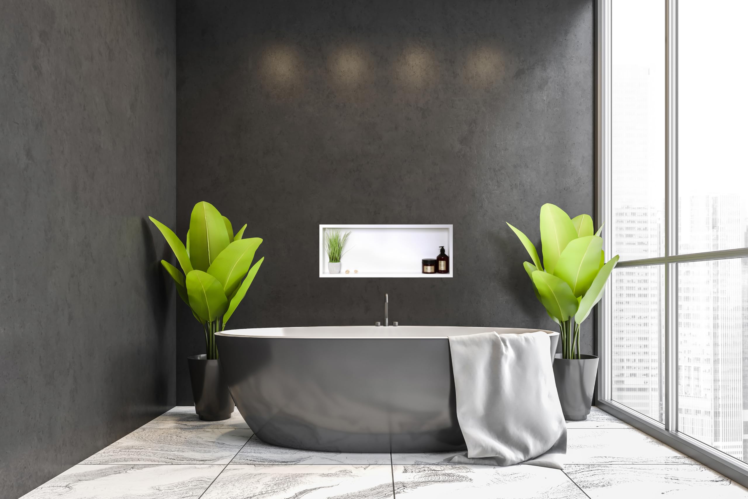 WALL-BOX ONE Nicho de Ducha de Pared de Acero Inoxidable Blanco 60x30x10cm Blanco, Impermeable, Instalación de Nicho Flexible, Nicho para Utensilios de Baño, Sin Azulejos