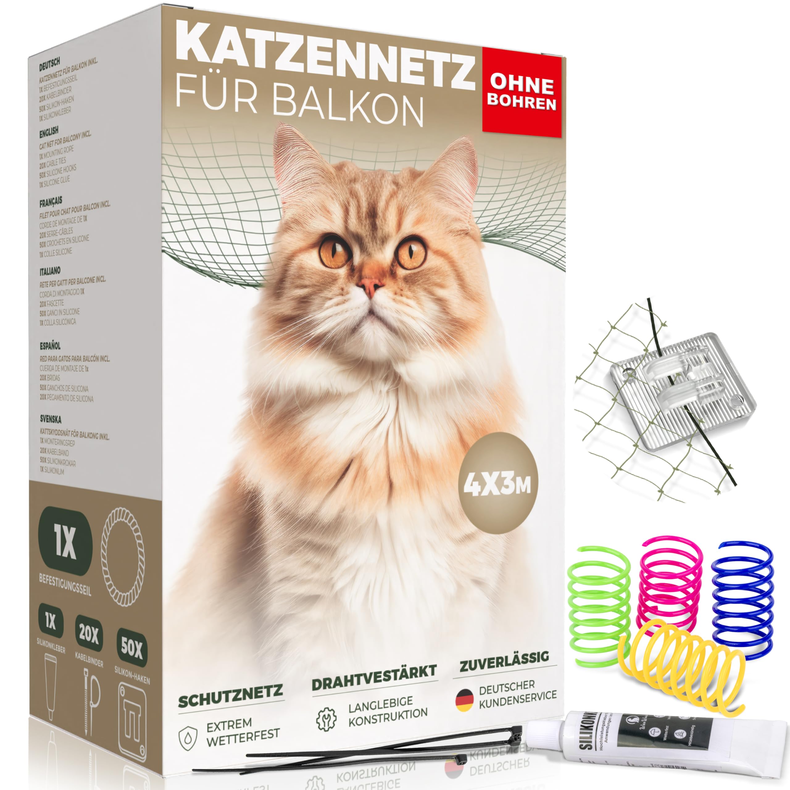 WOOWOOD Katzennetz für Balkon (Ohne Bohren)- mit Klebehaken & Silikonkleber - Katzennetz Drahtverstärkt - Katzenschutznetz Wetterfest - Katzennetz Fenster Katzengitter - Katzennetz Balkon (4X3m)