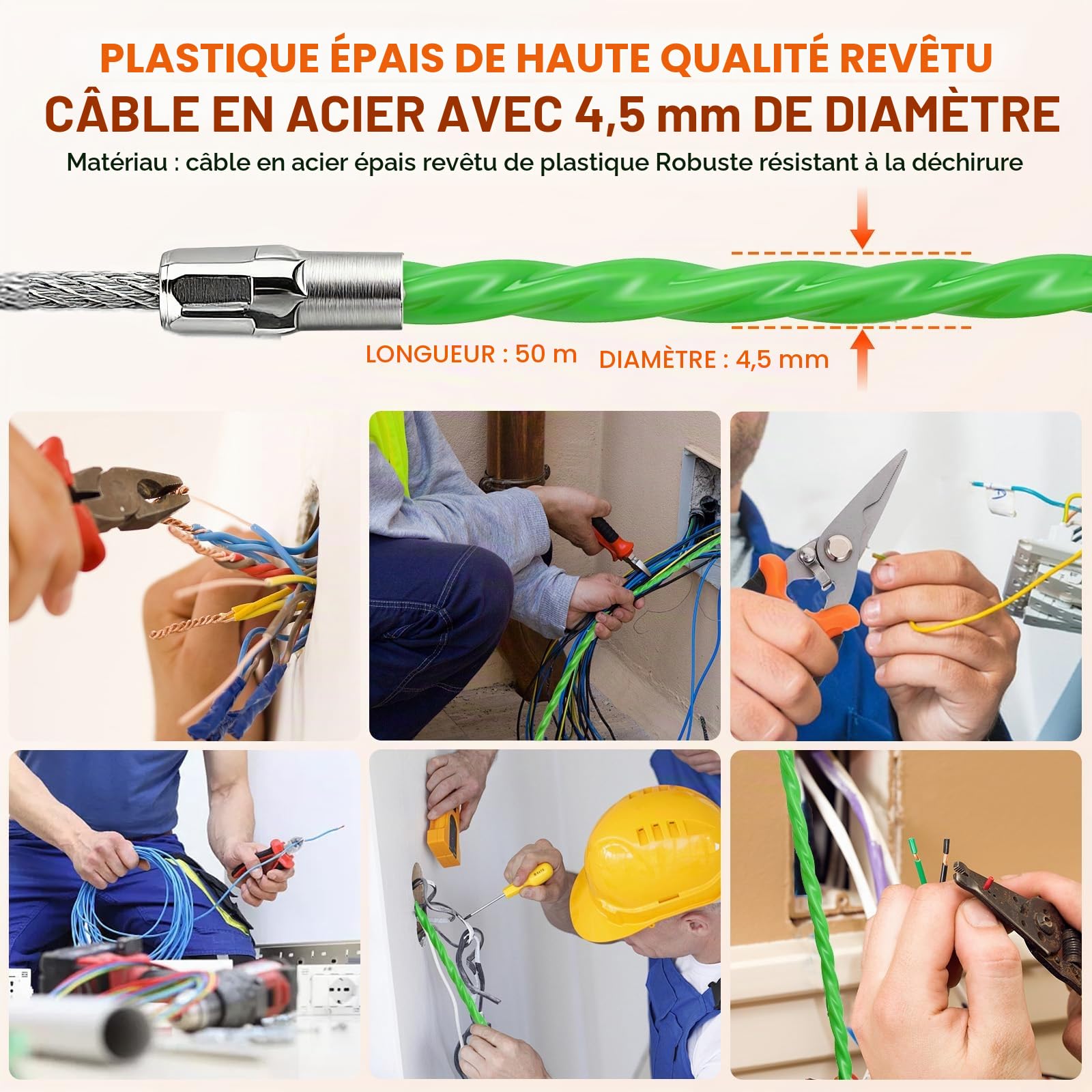 Aiguille Electricien 50m,4,5mm Tire Fils Electrique,Avec 1 Tire-Câble,2 Faisceaux De Câbles,Boîte De Rangement,Tire Câble Électrique Pour Câbles Et Travaux Électriques,Orange