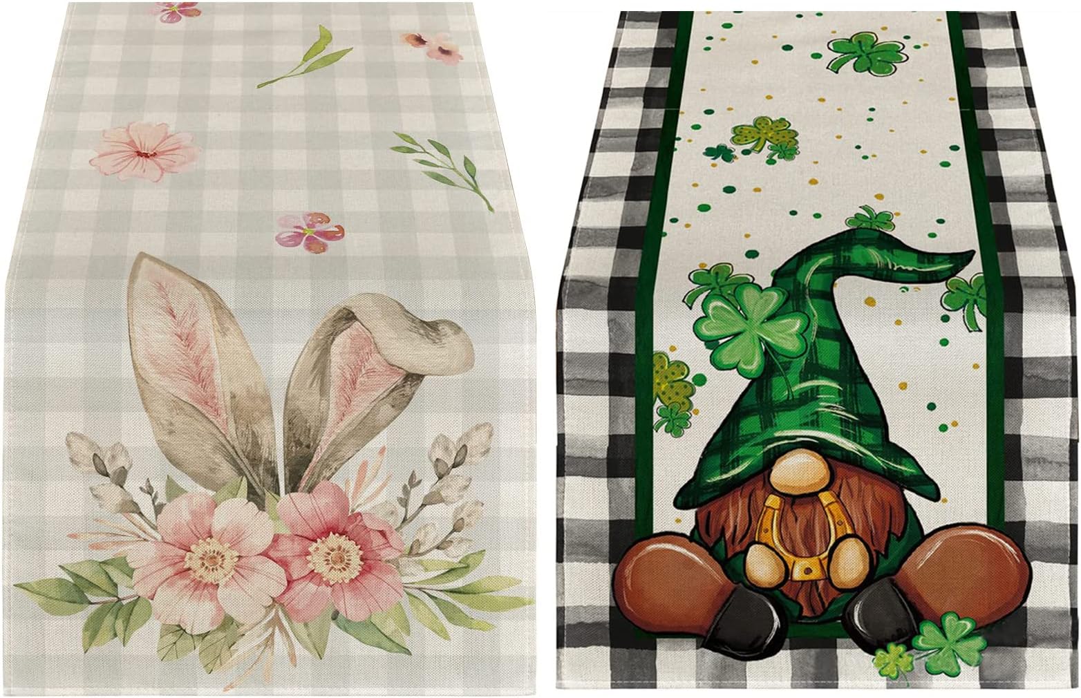 2 PCS St Patrick's Day and Easter Table Runner Rabbit Bunny Buffalo St Patricks Gnomes Plaid Coffee Home Dining Indoor Seasonal Spring Holiday Farmhouse Tabletop Decor 72 Inches Long