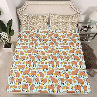 Erosebridal Capybaras Fitted Sheet Twin, Kawaii Capybara Bed Sheets, Cute Cartoon Capybara Rodent Animals Sheets, Botanical Leaves Brown Blue Yellow Polka Dots Room Decor Bed Set for Children