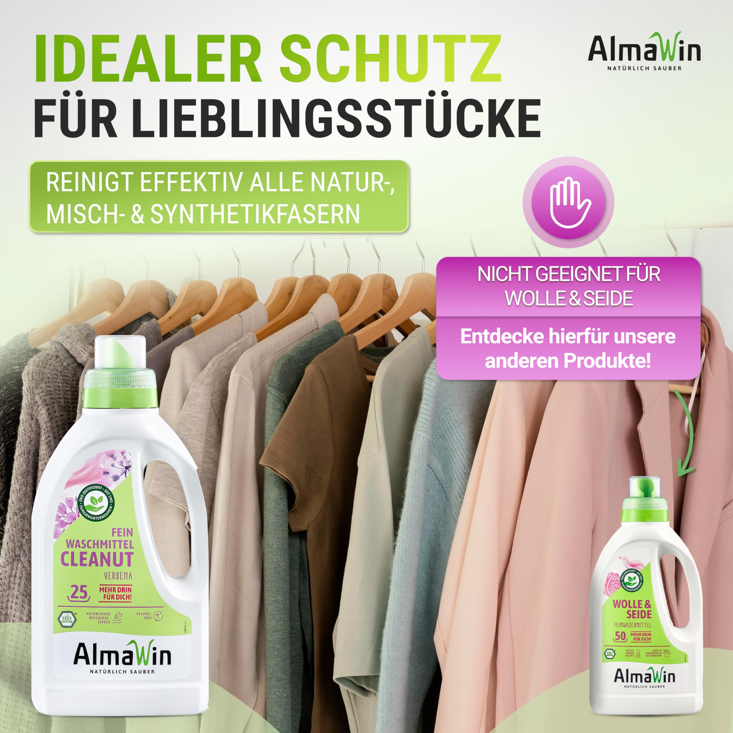 AlmaWin® Feinwaschmittel Cleanut [6x 750ml - 150 Ladungen] mit Waschnuss-Extrakt - Waschmittel mit Verbena-Duft für Feines & Buntes [20-60°C] - Flüssiges Waschmittel Natur - Öko, VEGAN & Palmölfrei