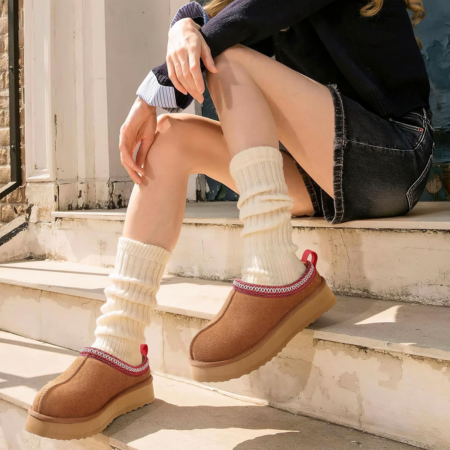 KIDMI Genuine Suede Platform Slippers for Women Fuzzy Winter Warm Shoes Indoor Outdoor - Image 2