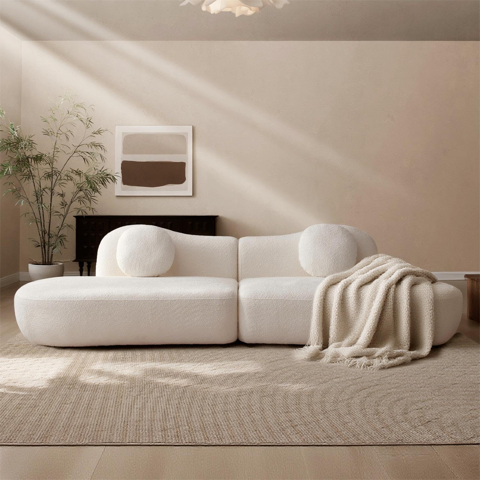 Luxury 4-Seater Curved Sectional Sofa Modern Boucl Cloud Couch with Butterfly Backrest Non-Compressed Modular Sofa with Solid Eucalyptus