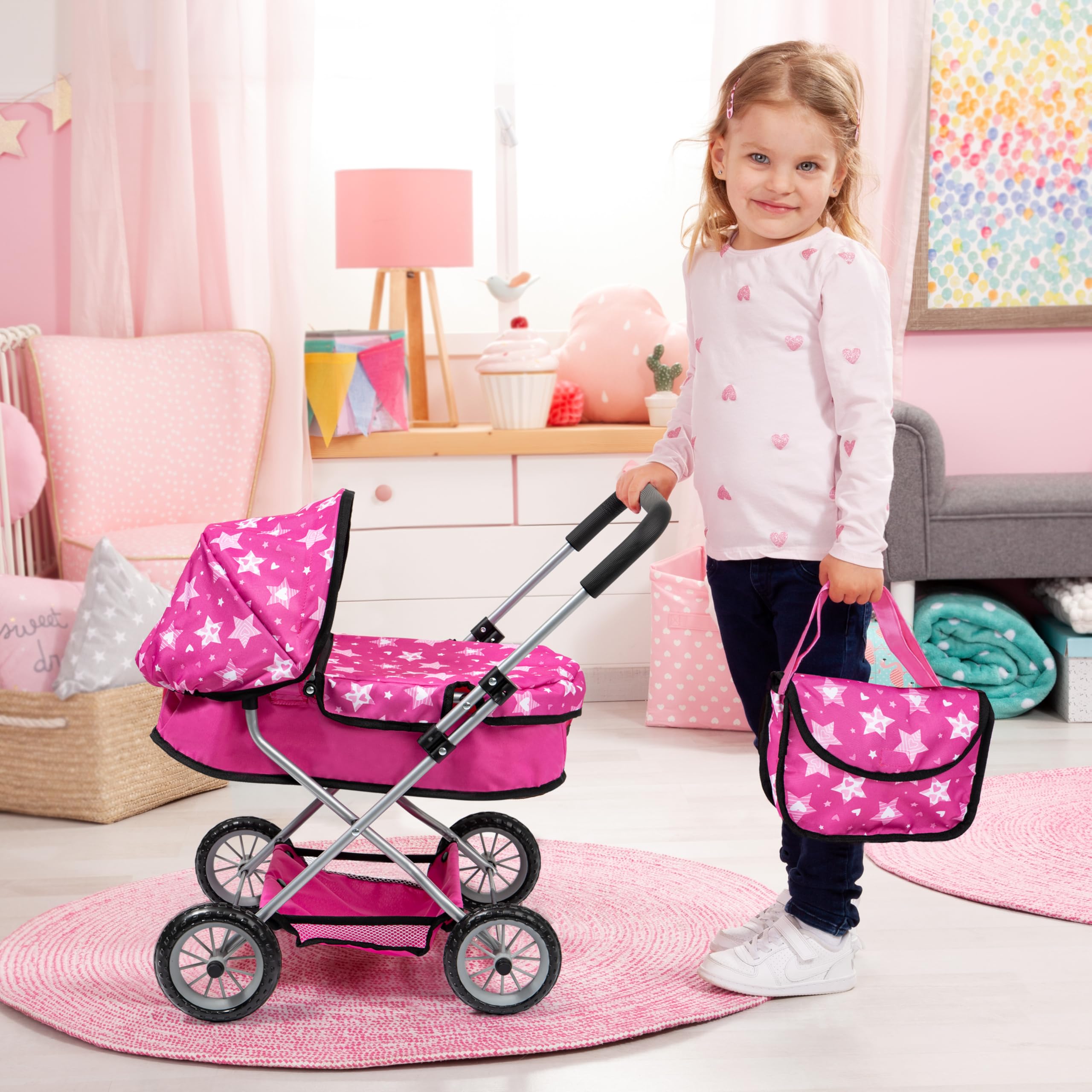 Bayer Design Smarty Carrozzina per bambole con borsa e cestino integrato | Carrozzina per bambole con borsa E cestino integrato, carrozzina pieghevole