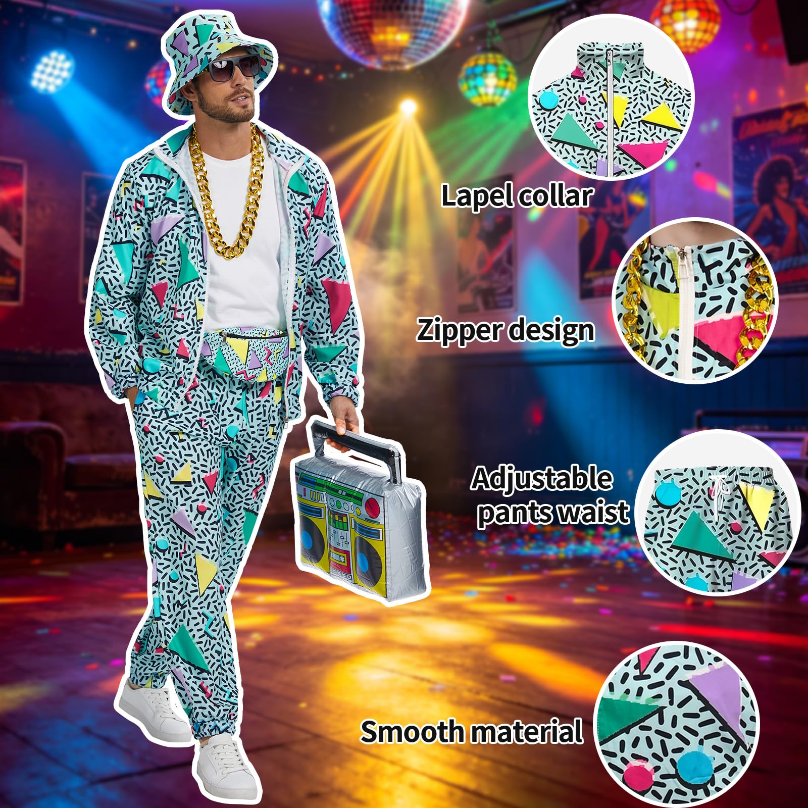 Completo da uomo anni '80 e '90, tuta con accessori per costume hip hop, set per feste a tema Halloween anni '80.