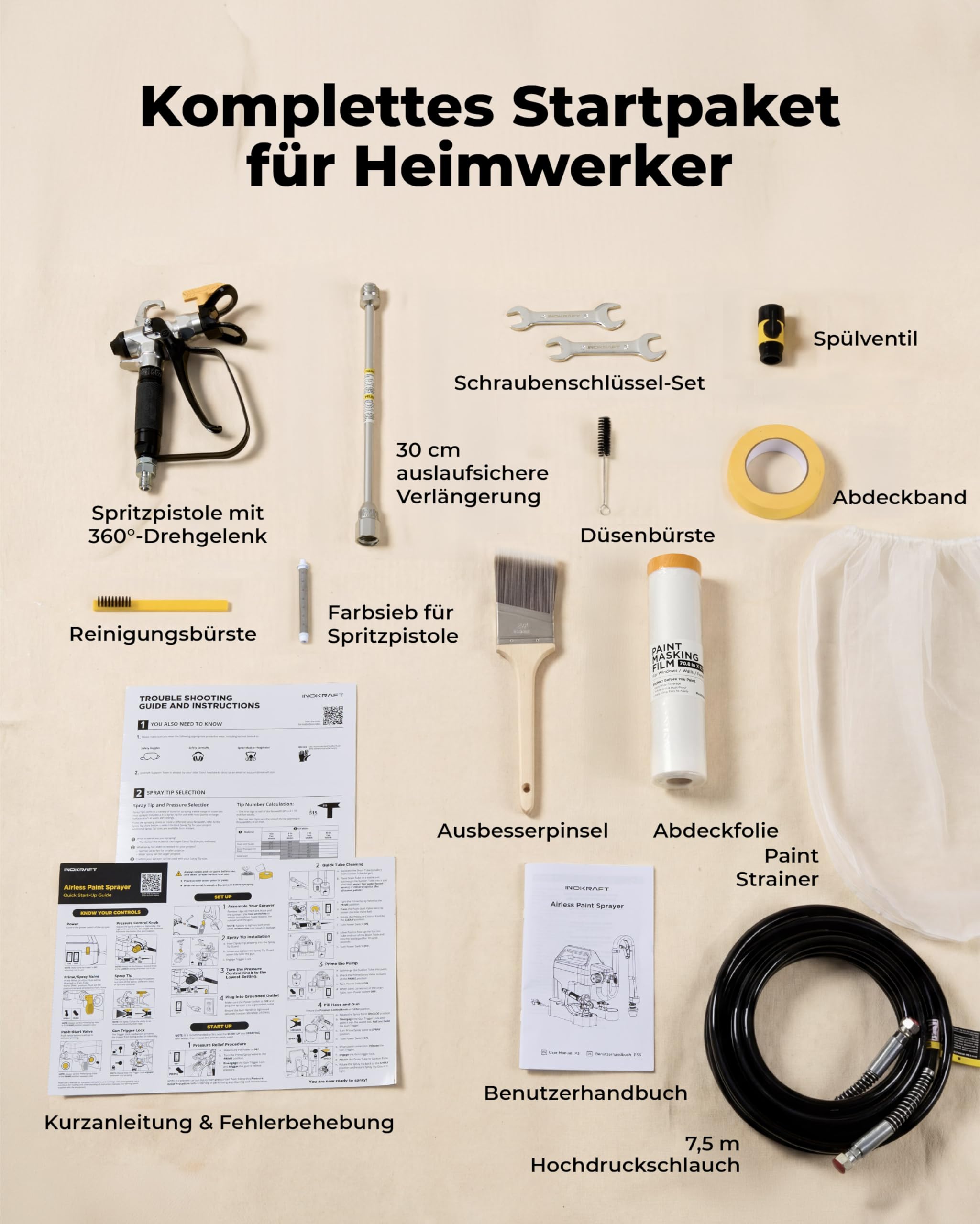 InoKraft NEO Airless Farbsprühgerät, 460W, bis 7 m²/min, 7,6 m Schlauch | Airless Spritzgerät Komplettset für Anfänger, Farbsprühsystem für Wandfarbe, inkl. Zubehör & Anleitung