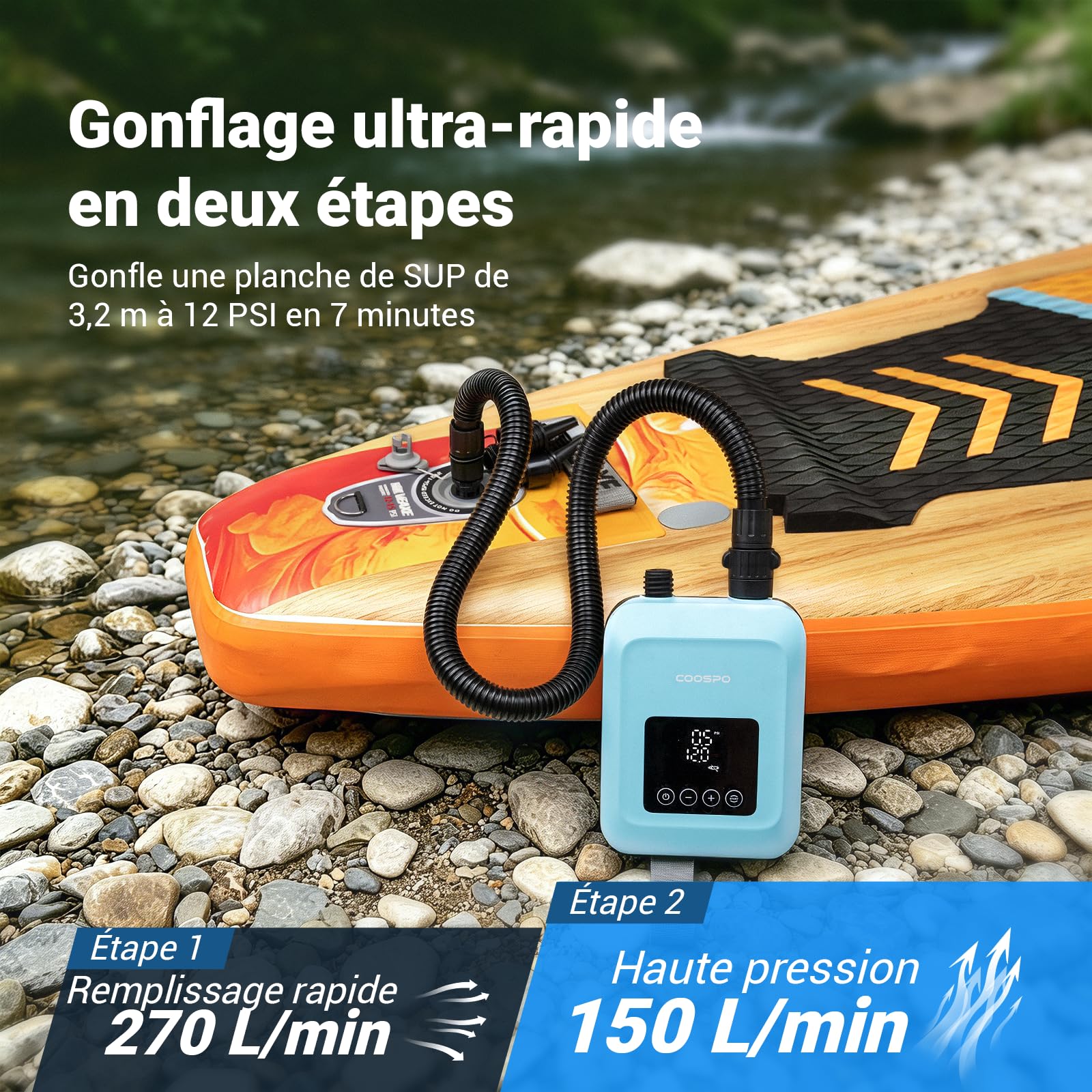 CooSpo Pompe à air électrique pour Sup gonfleur électrique Haute Pression 20 PSI alimenté par Une Batterie Rechargeable de 59,2/44,4 Wh adaptée aux Kayaks et aux Planches de Paddleboard