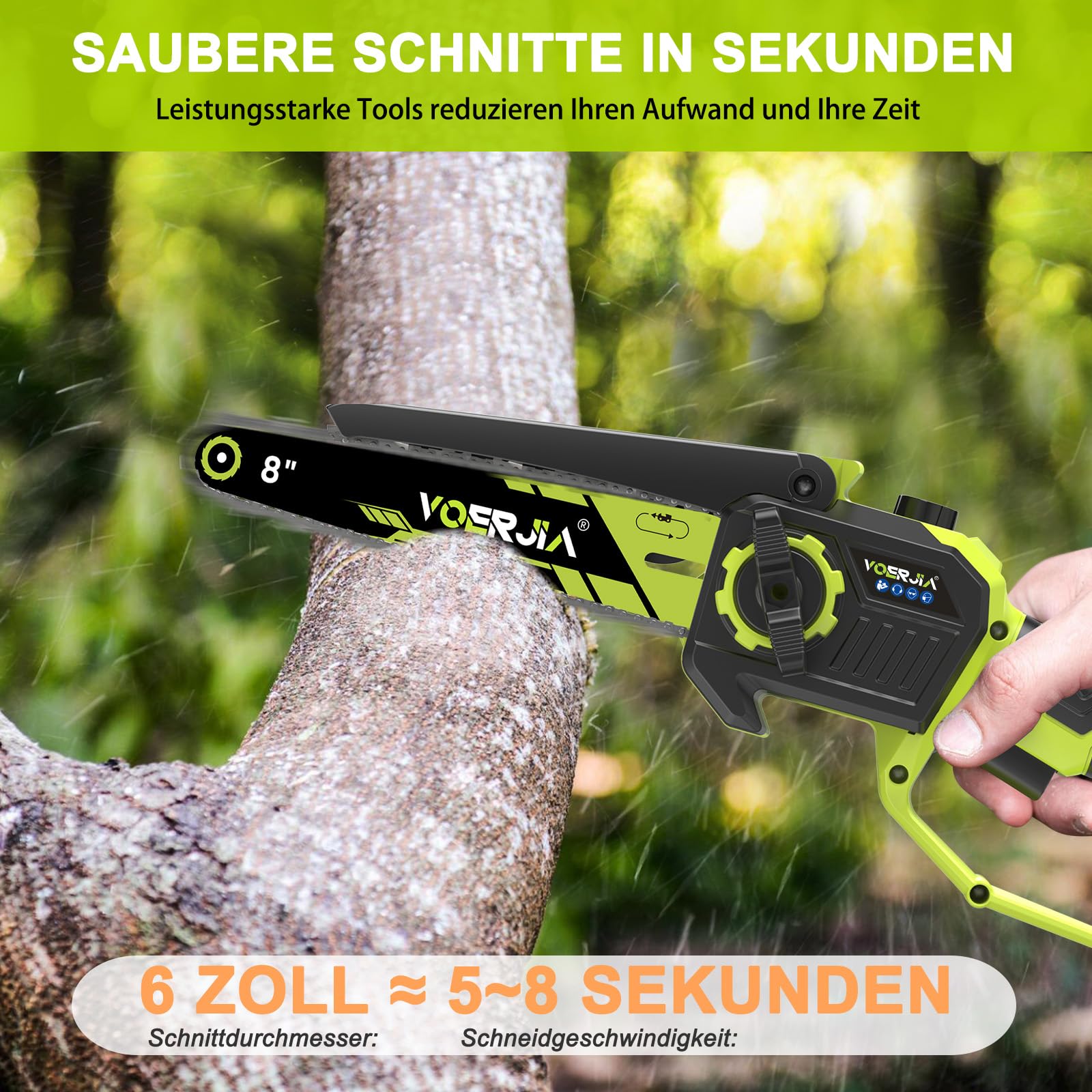 VOERJIA Akku Kettensäge 21V, Mini Kettensäge 6 & 8 Zoll mit automatischer Kettenschmierung, 2x 4.0Ah Akku, bürstenloser Motor, Handkettensäge für Baumschnitt, Garten & Holzarbeiten