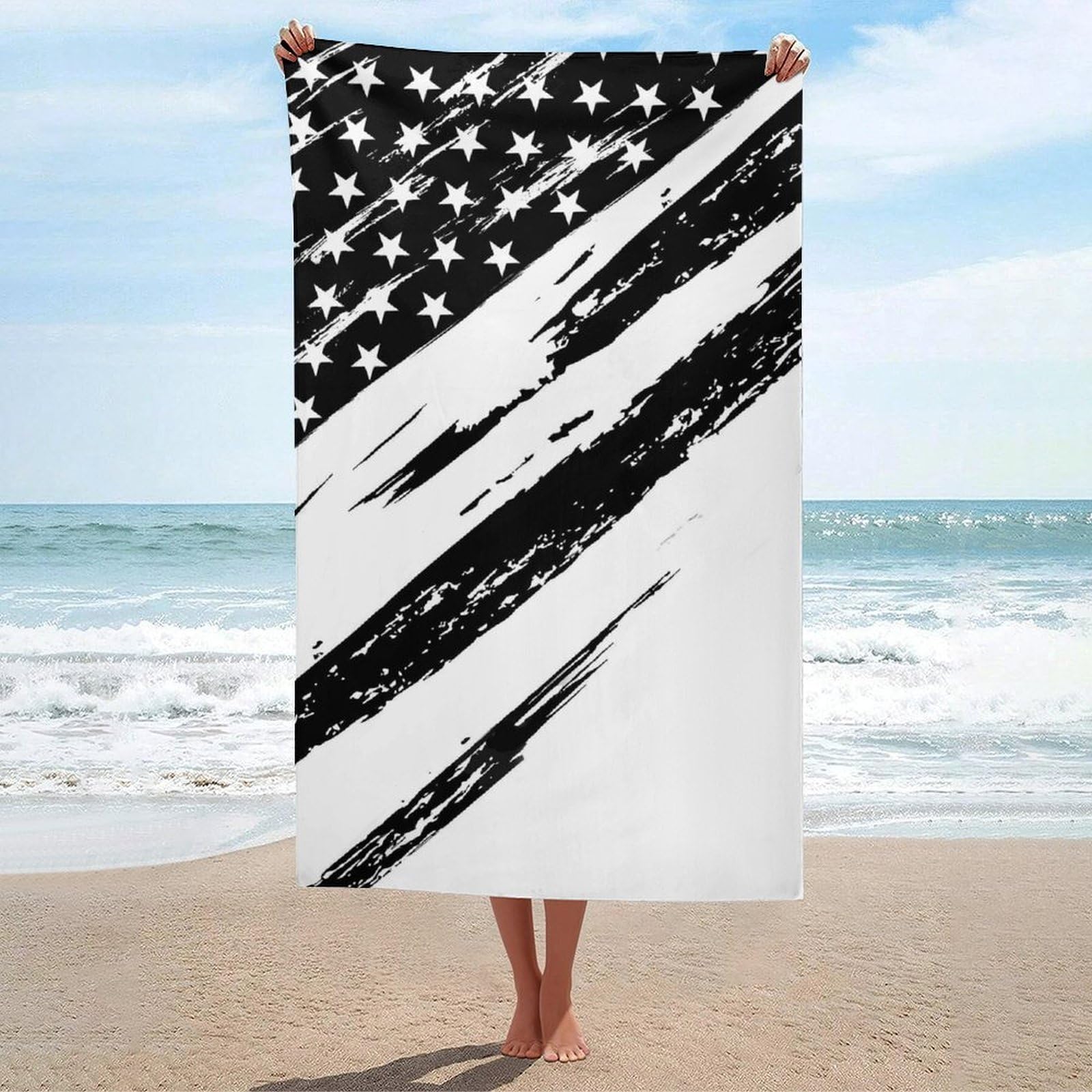 Anceky Bath Towel Quick-Dry Large Black American Flag Beach Towels Soft Absorbent Bath Towel for Travel Swimming Gym 31 X 51 in