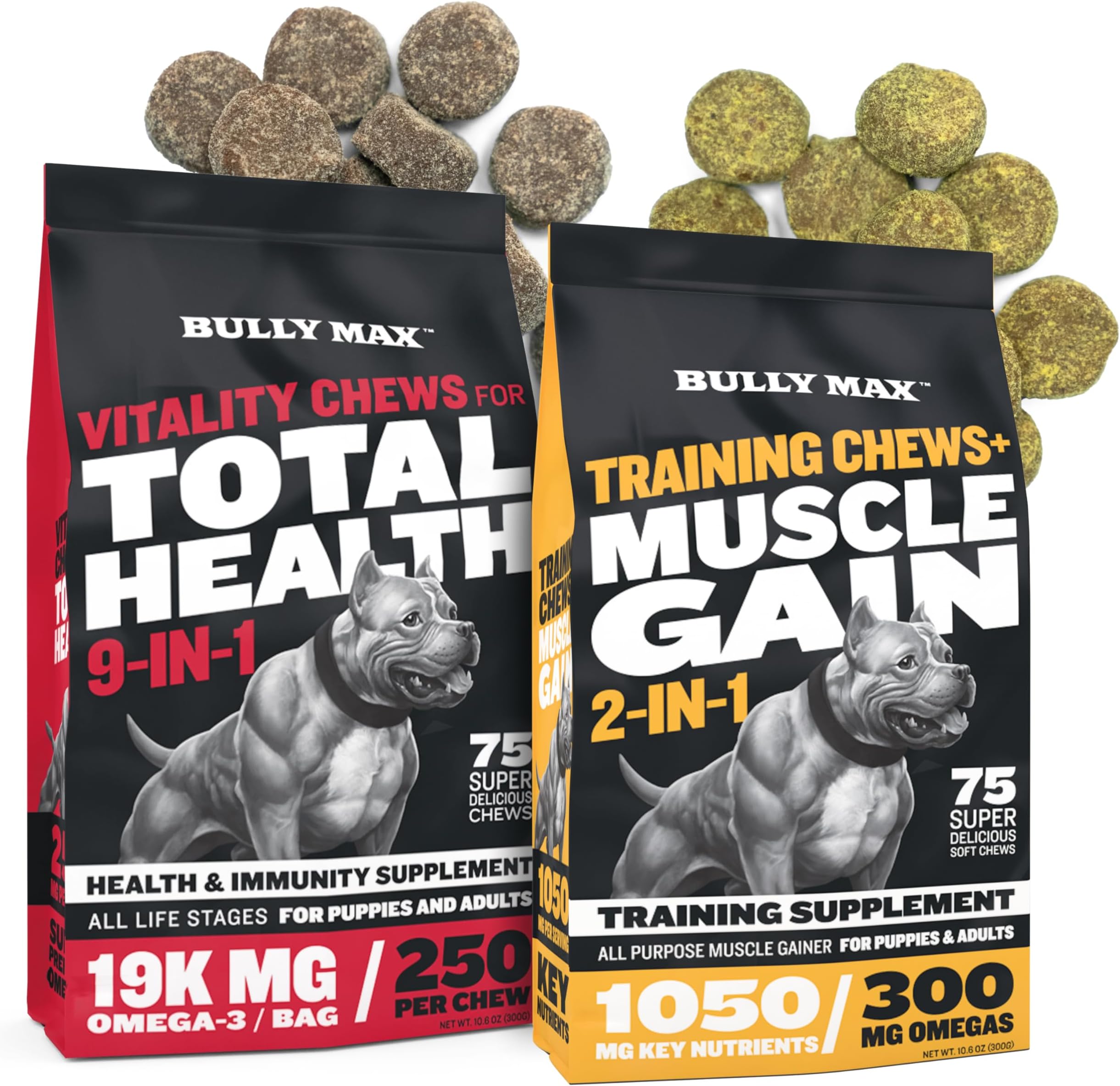 Bully MaxTotal Health & Muscle Builder Bundle โ 9-in-1 Total Health Multivitamin Dog Chews + Training & Muscle Gain Soft Chews โ for Puppy and Adult Dogs โ Use as Treats or Food Toppers