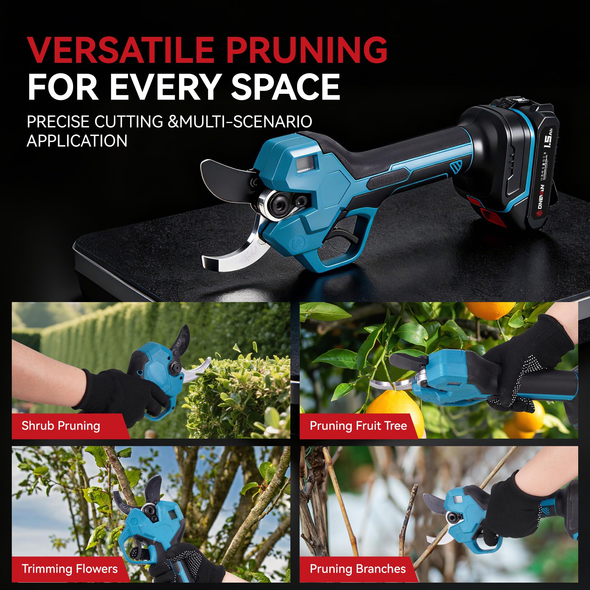 ONEVAN Sécateur Électrique sans Fil 40mm, Cisaille de Jardin, Brushless Taille haie avec 2×1,5Ah Batteries, Lames SK5 & Écran LCD, Outil de Jardinage pour Coupe de Branches, Élagage des Arbres