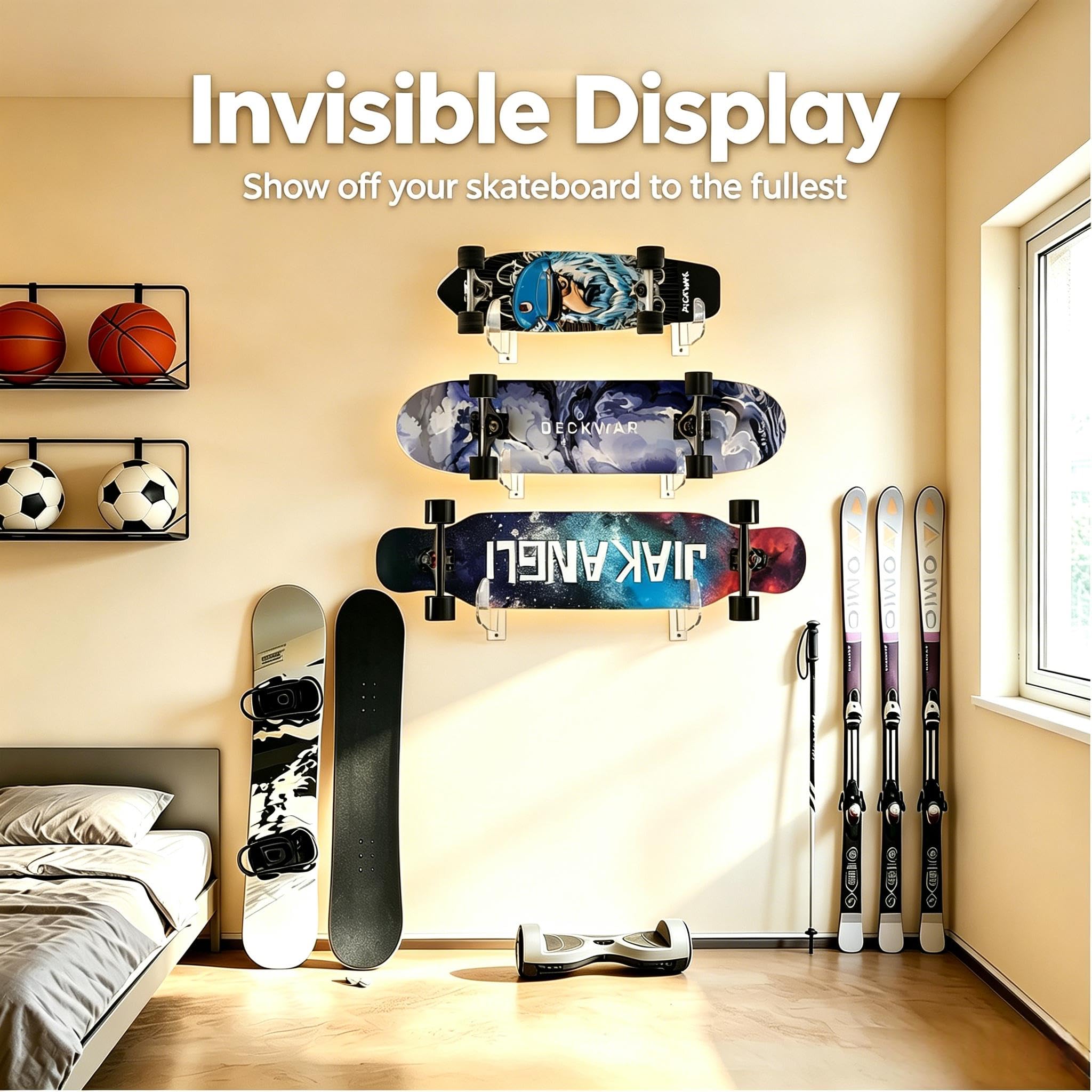 BiJun Skateboard- und Snowboard-Wandhalterung - Acryl, Horizontale Halterung, Aufbewahrung, Aufhänger (Transparent, 4 Stück)