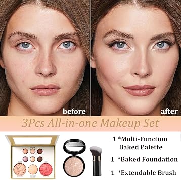 3 Pcs Baked Starter Kit, All-in-One Make Up Gift Sets For Women, Includes Baked Balance Foundation & Multi-Functional Makeup Palette & Retractable Brush, Makeup Gift Set for Mature Skin (Color 03)