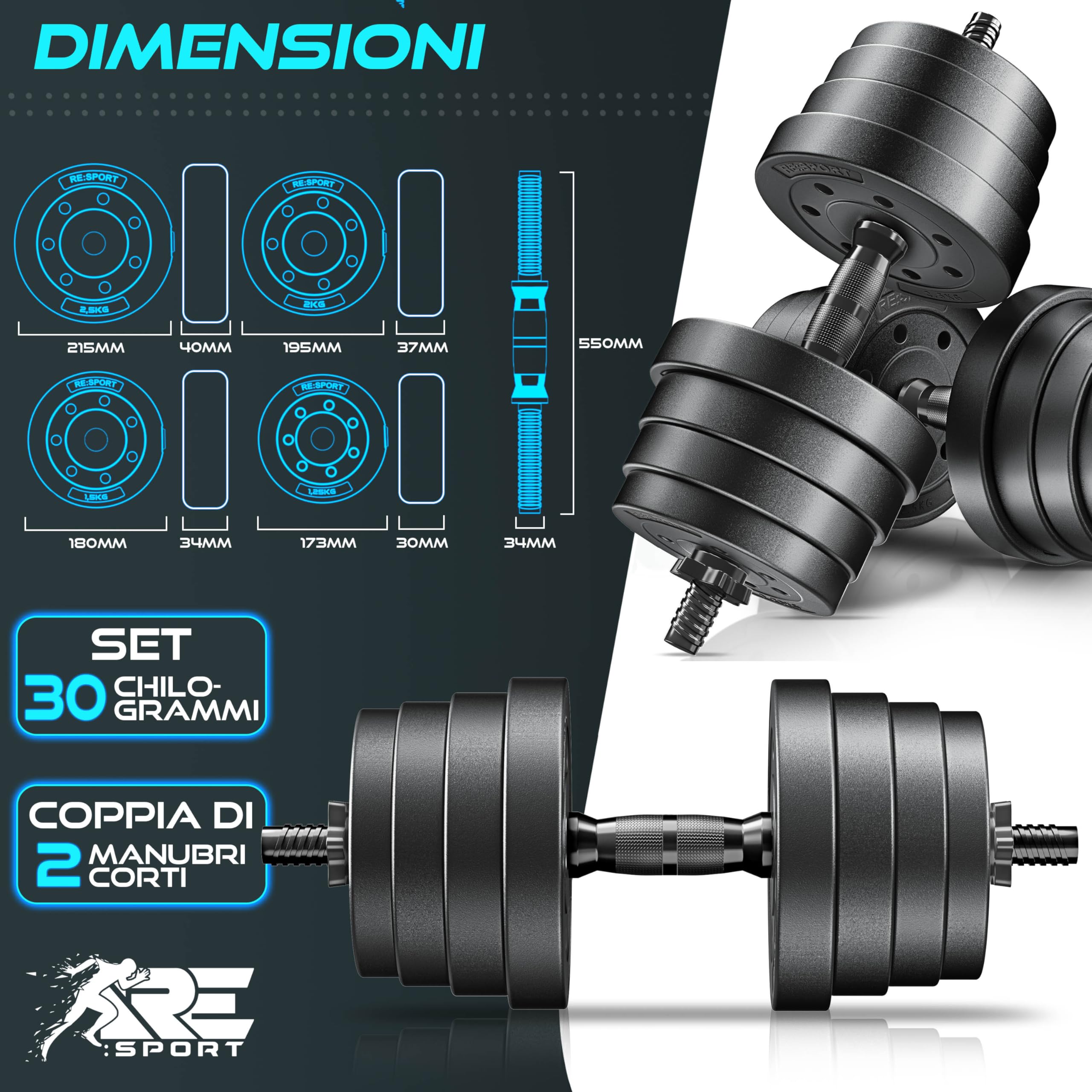 RE:SPORT Set di 2 manubri regolabili 15/20/30/40 kg | Set di 2 manubri | manubri con pesi e 4 chiusure a stella | manubri fitness per costruzione muscolare, allenamento e casa