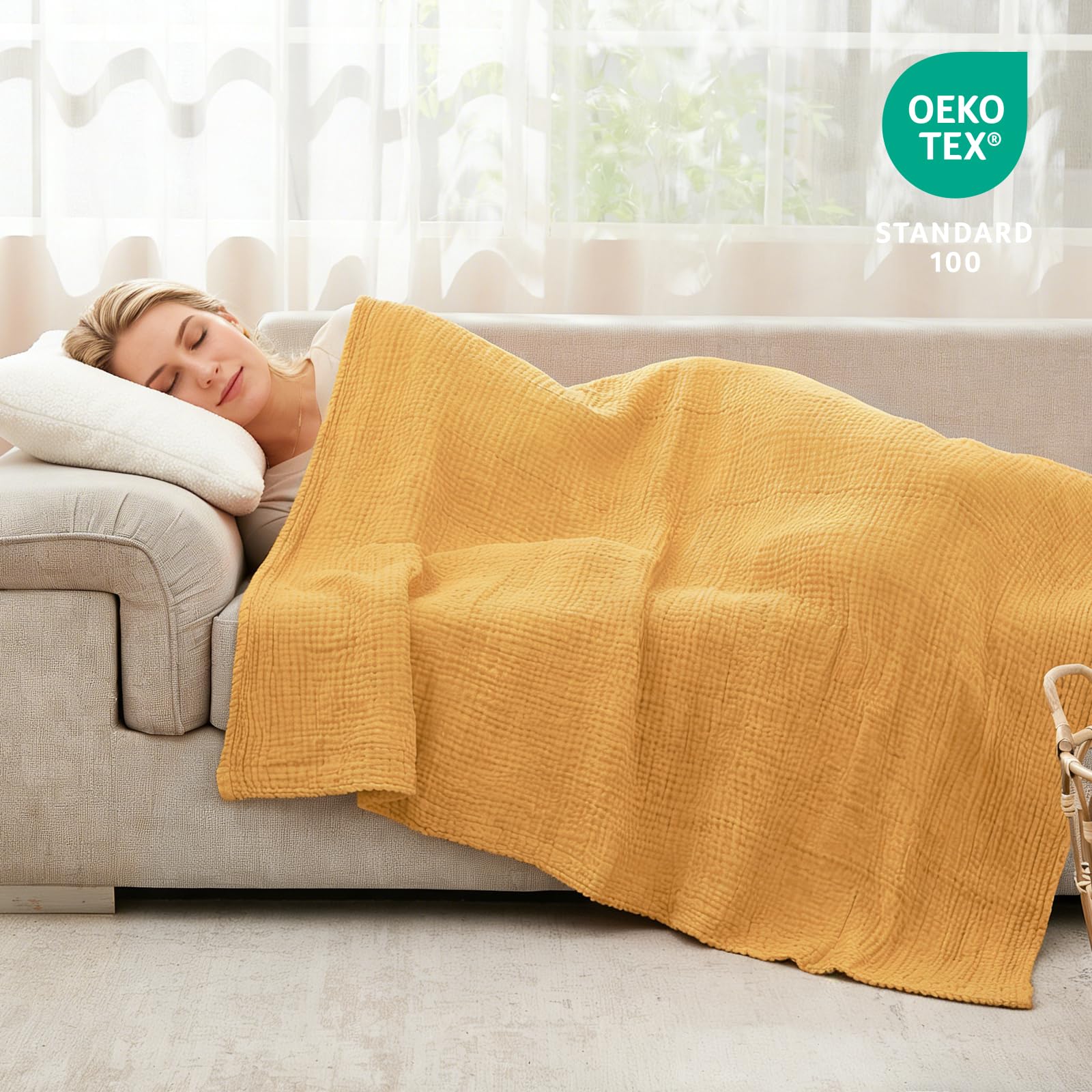 EMME Manta de Muselina de algodón tamaño Individual XL, Gasa Transpirable, Suave, Ligera, Regalos para Mujeres (Amarillo Jaspeado, 167 x 228 cm)