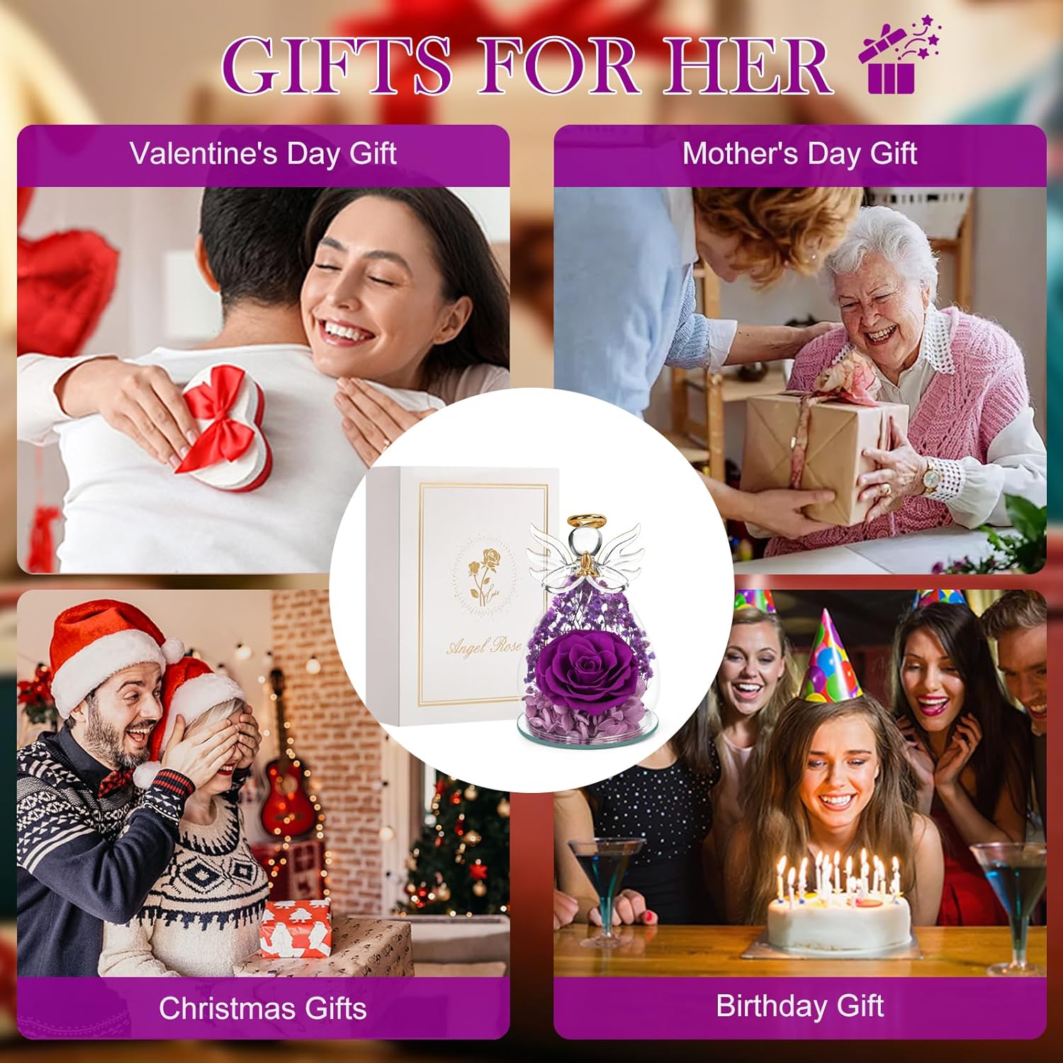 Valentines Day Rose Gifts for Her Birthday Gift for Women Mom, Flowers for Delivery Preserved Flowers Forever Eternal Rose in Glass Angel Figurine Valentine Gifts for Daughter Wife Girlfriend Purple - Image 8