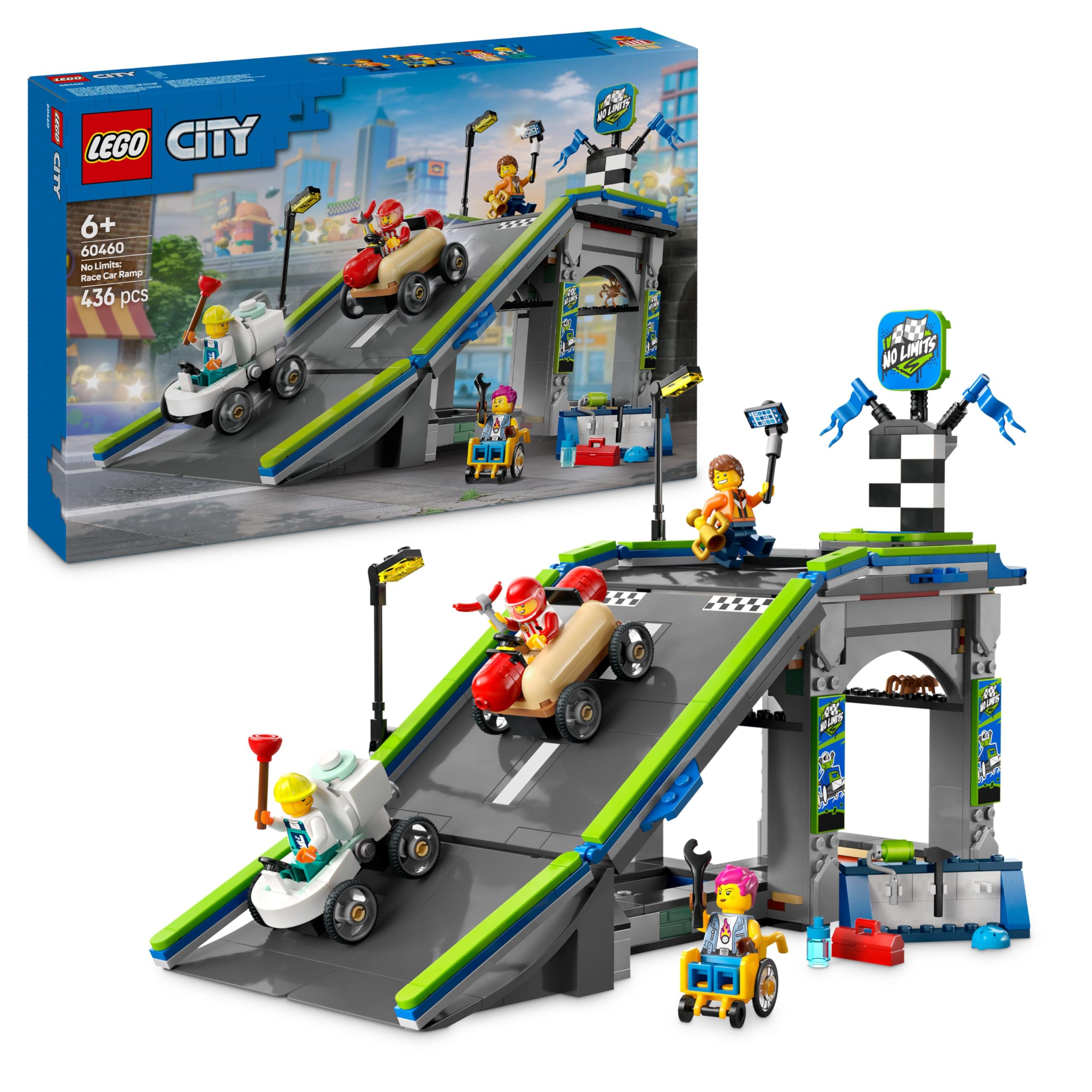 Lego City Nessun Limite: Gara Sulla Pista A Rampe - Giocattolo Da Costruire Con 2 Modelli Di Auto Da Corsa, 4 Minifigure E Accessori, Giochi Per Bambini Da 6 Anni, Idea Regalo Divertente - 60460-image