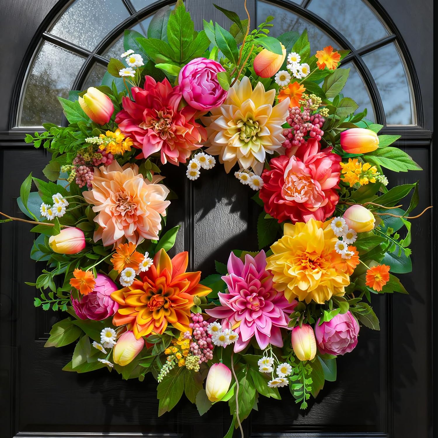 Spring Wreath 24 Inch Summer Wreaths for Front Door with Dahlia and Greenery, Wreath for All Seasons,Spring and Summer Wreaths for Front Door Outside or Indoor