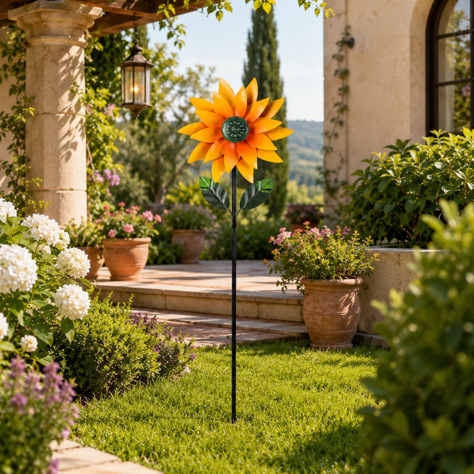 Girandola da Giardino in Metallo, Girandola 3D a Girasole Cinetica, Decorazione da Giardino con Picchetto, 116 cm, Mulino a Vento per Esterno, Prato, Balcone e Terrazza