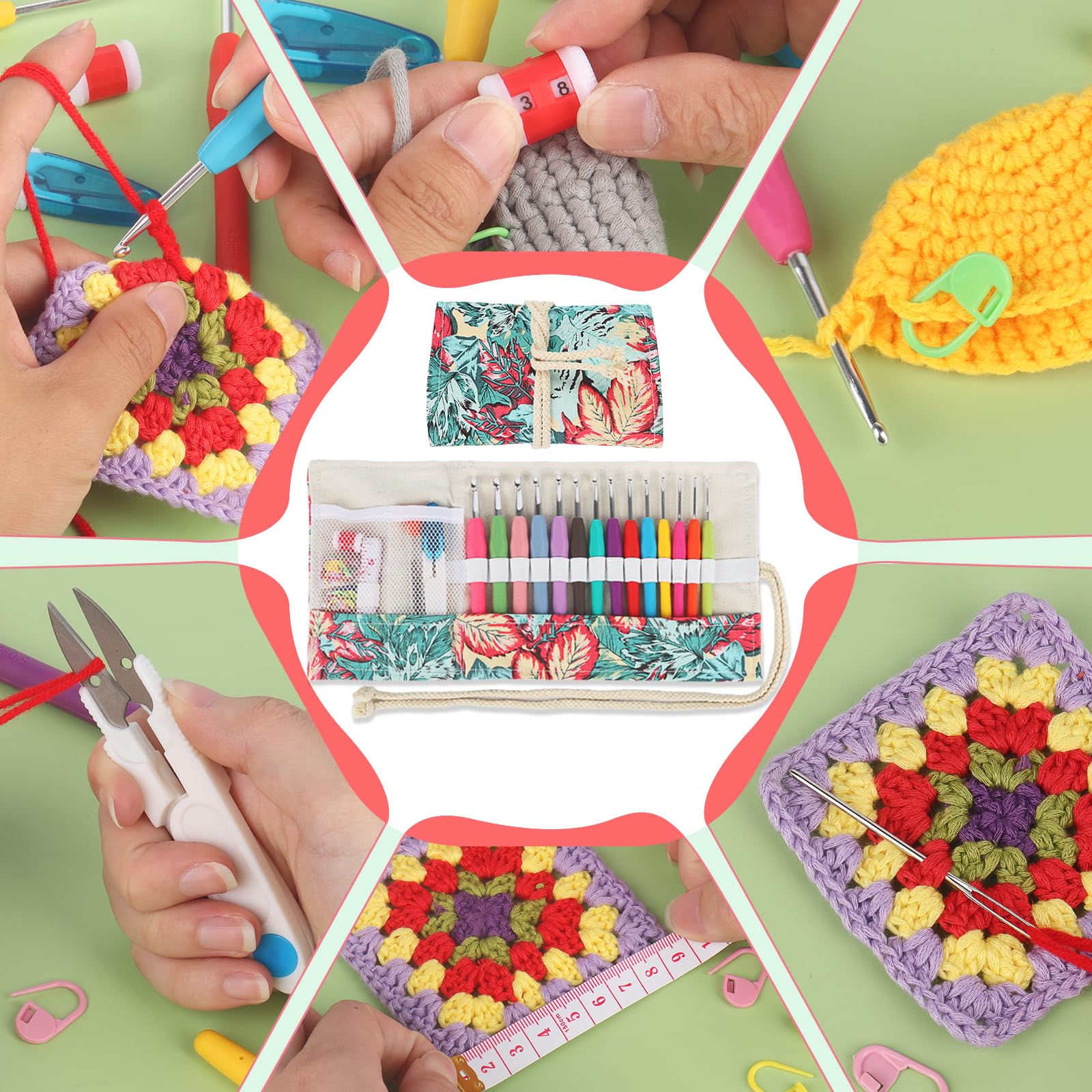 Coopay Kit de Crochet avec Sacoche - 14 Pièces 2,0-10 mm Aiguilles Ergonomiques pour Mains Arthritiques, Poignée Souple - Kit Débutants avec Accessoires