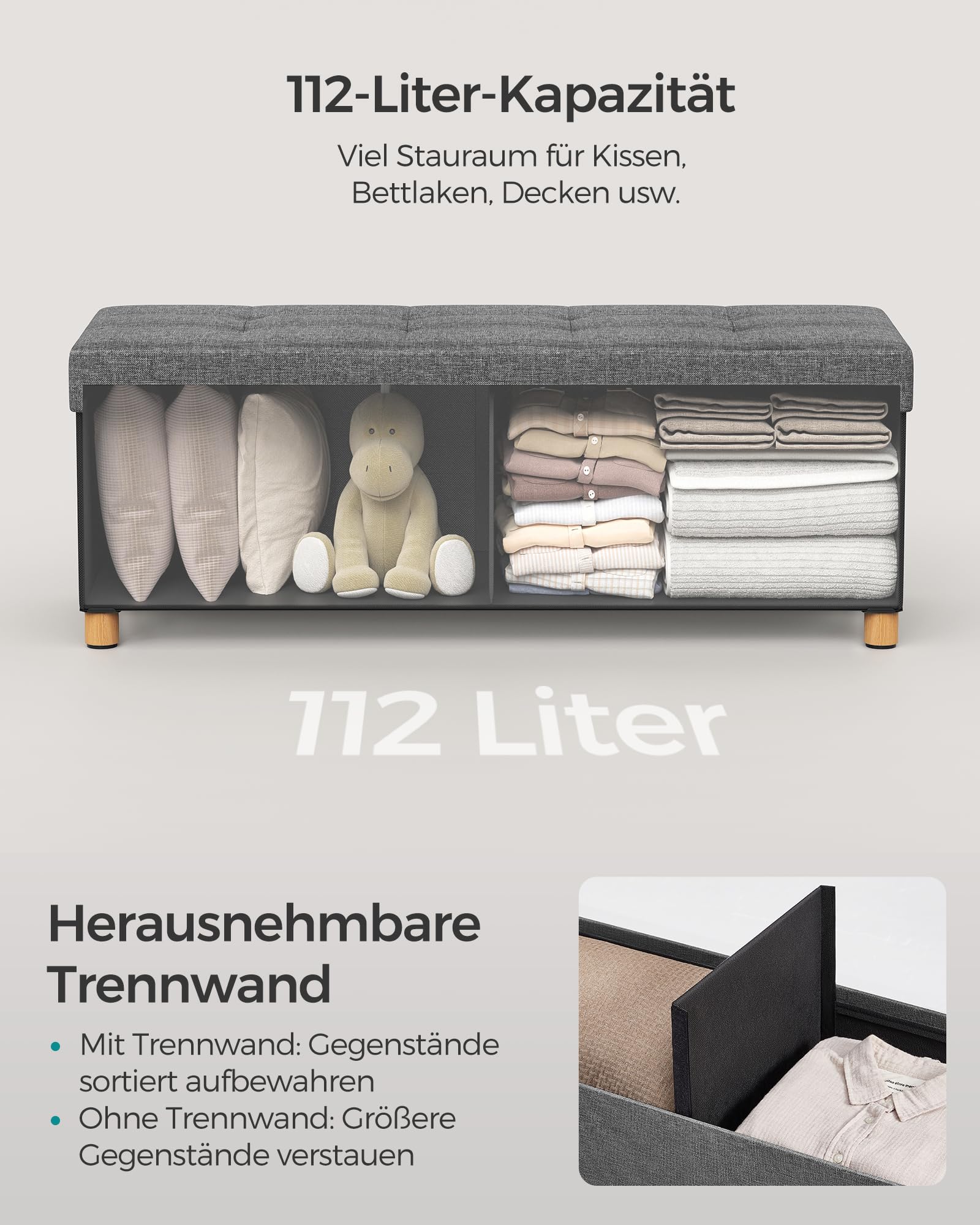 SONGMICS Sitzhocker mit Stauraum, klappbare Sitzbank mit Beinen, 38 x 110 x 40 cm Fußbank, Aufbewahrungsbox, bis 300 kg belastbar, für Wohnzimmer Schlafzimmer Flur, schiefergrau LSF018G11