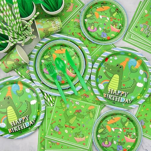 Miniatura 5 de Obussgar Decoraciones de fiesta de cumpleaños de cocodrilos, suministros de fiesta de cocodrilos, incluyendo pancarta, platos, vasos, servilletas,