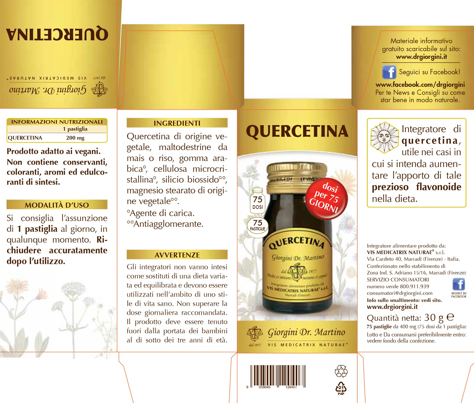Dr. Giorgini Quercetina - Confezione da 150 pastiglie da 400 mg (75 dosi da 1 pastiglia), 30 g