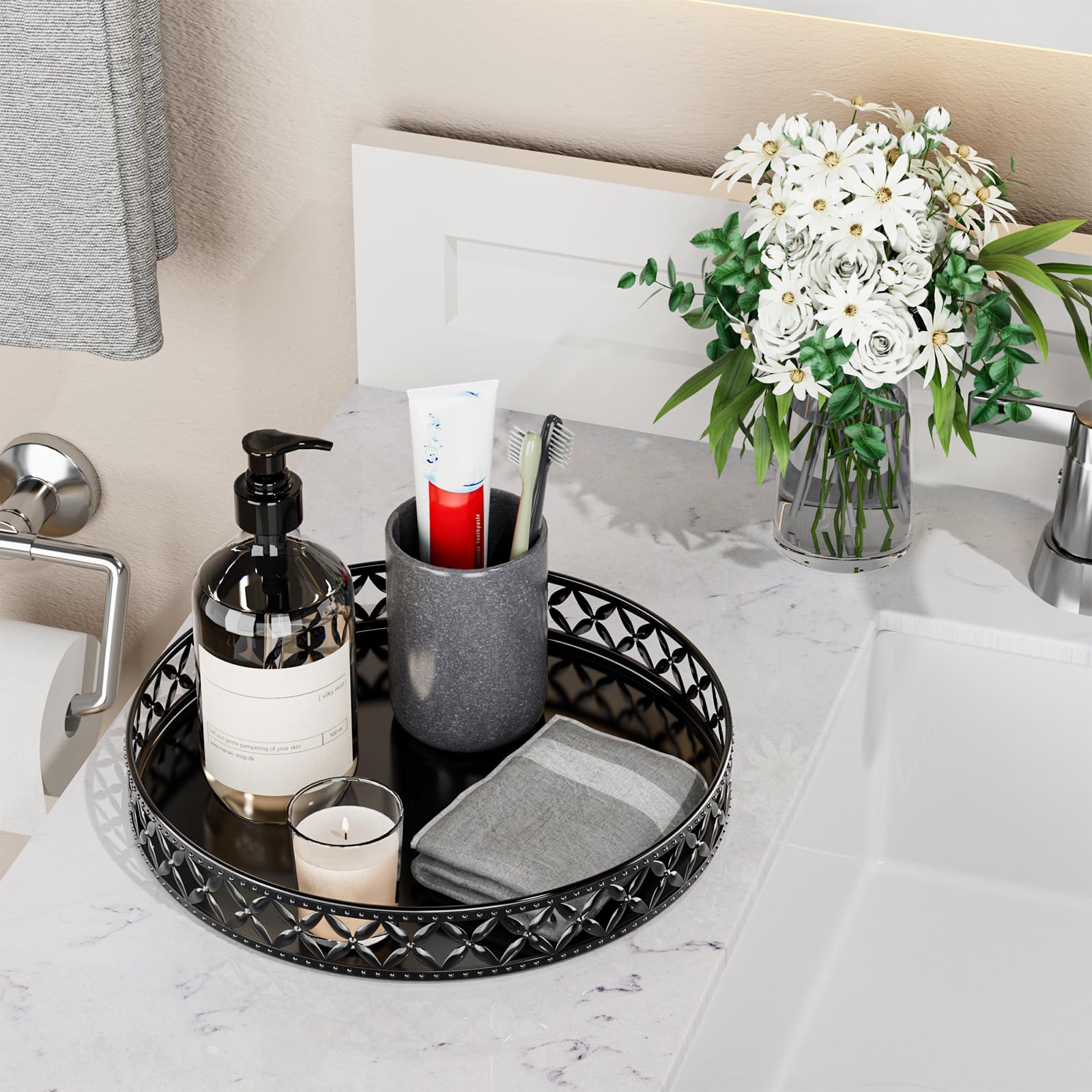 EKNITEY Bandeja para balcão de banheiro – Bandeja decorativa preta de 28 cm, bandeja organizadora para perfumes, cosméticos, joias, maquiagem