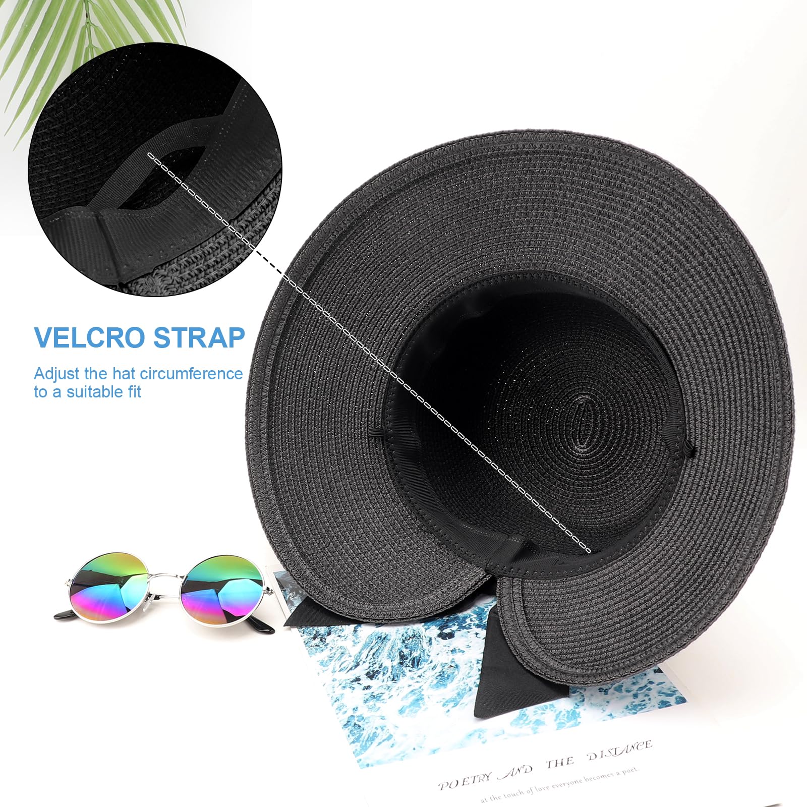 DRESHOW Sombreros de Sol Para Mujeres Sombrero de Sol de Playa Plegable Sombrero de Paja de Ala Ancha con Nudo UPF 50+
