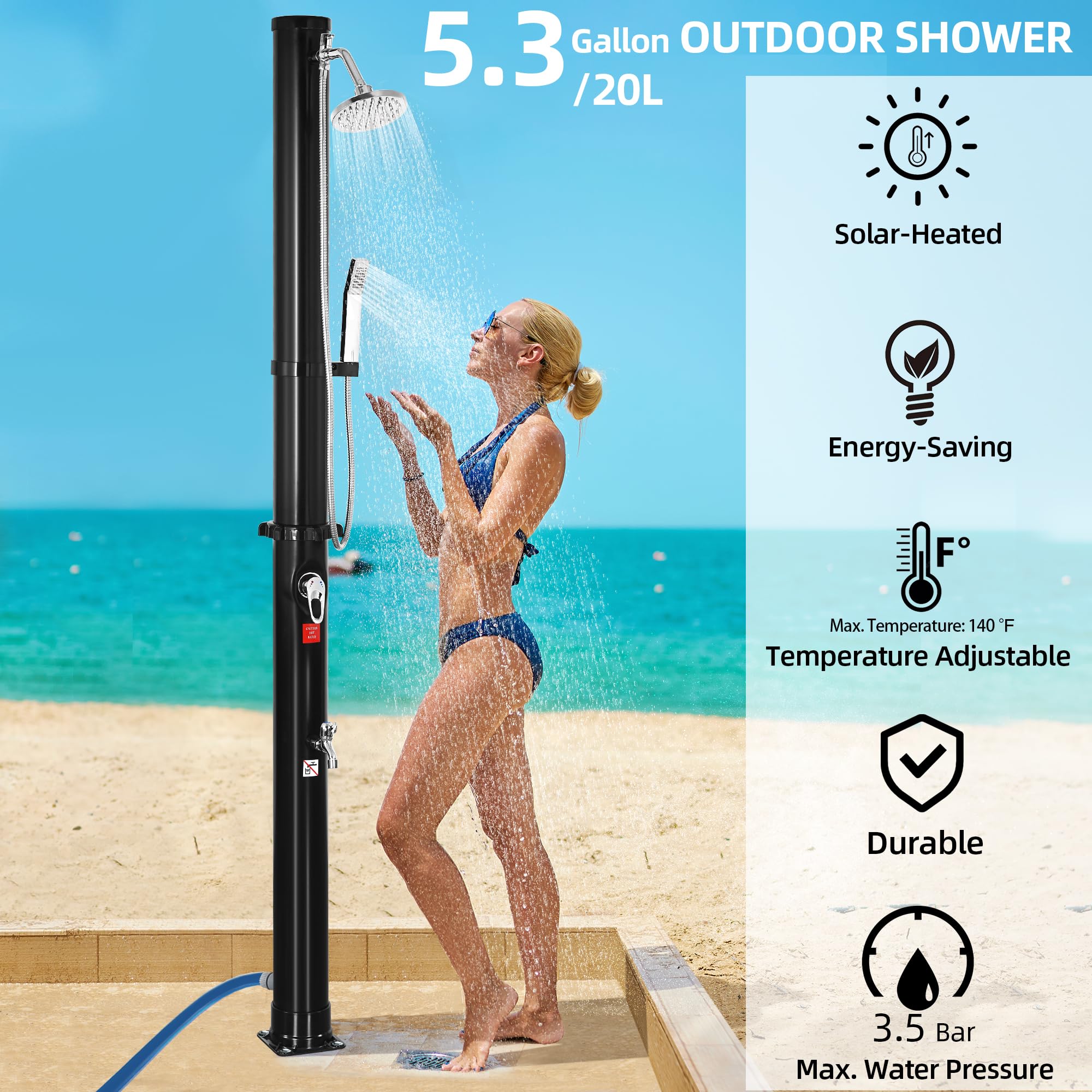 Amazon.com : YITAHOME 5.3 Gallon Outdoor Solar Shower, Solar-Heated Outdoor  Shower with Free-Rotating Shower Head, Handheld Shower Head, Foot Shower  Tap, for Backyard, Camping, Poolside, Beach, Black : Patio, Lawn u0026 Garden