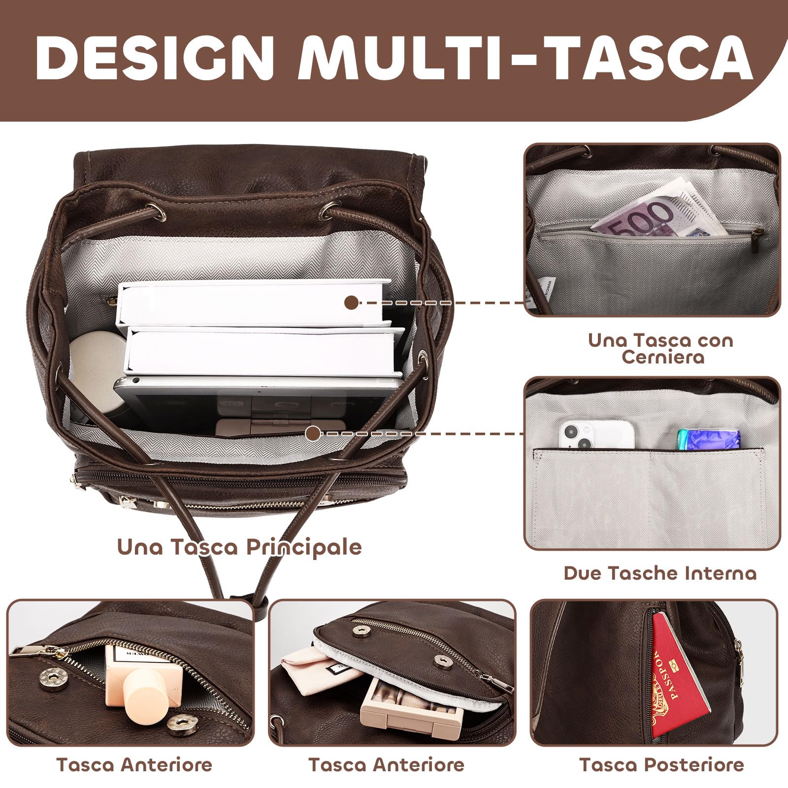 Leathario Zaino Donna in Pelle Vegana Antifurto con 6 Porta-Carte RFID Incluse, Elegante e Impermeabile, Zaino Casual per Università, Viaggi e Uso Quotidiano, Regalo per Donna