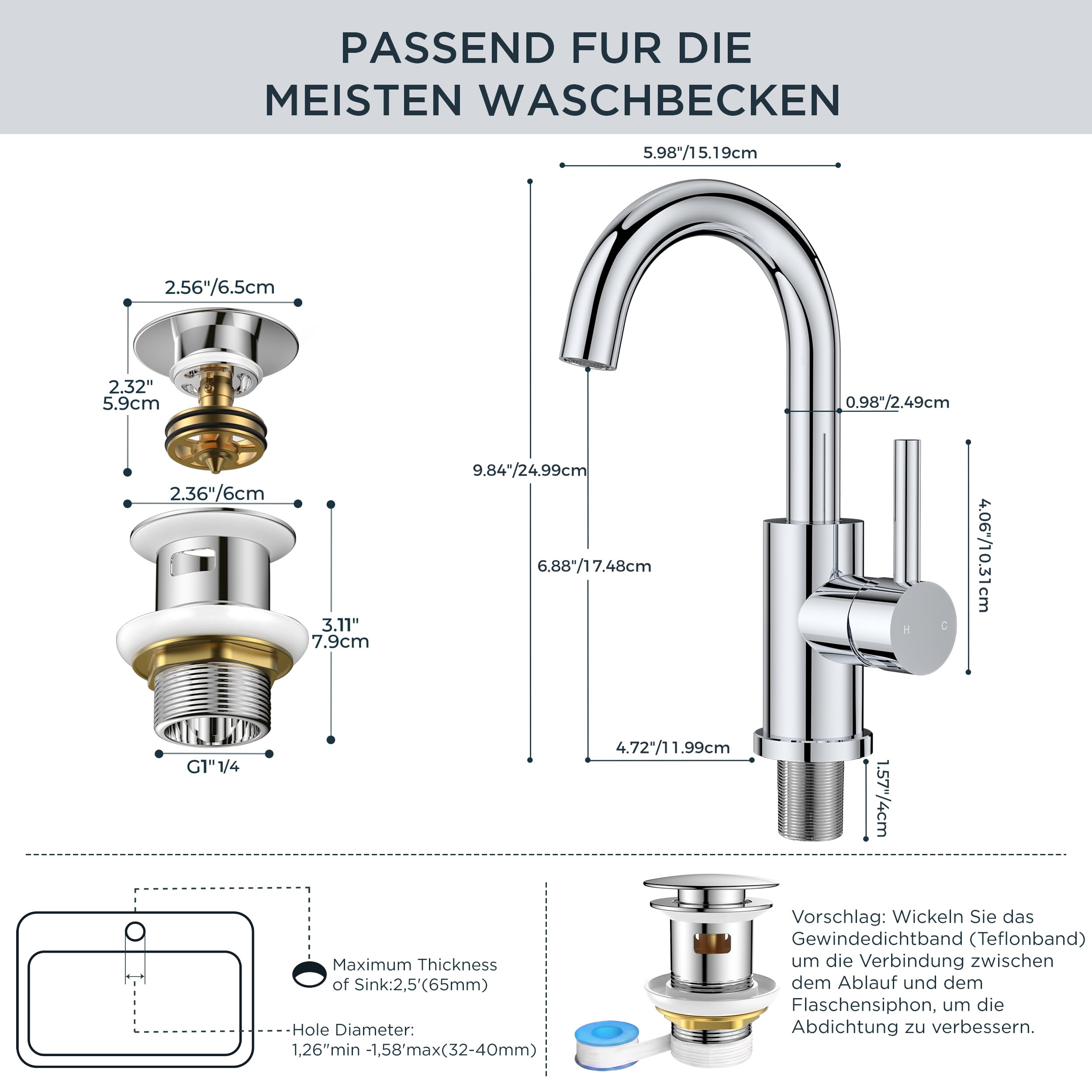 FORIOUS Wasserhahn Bad Hoch mit Ablaufgarnitur,360° Drehbar Edelstahl Waschtischarmatur Hoch mit Warm/Kaltwasser Mischbatterie Einfache Montage für Badezimmer Waschbecken