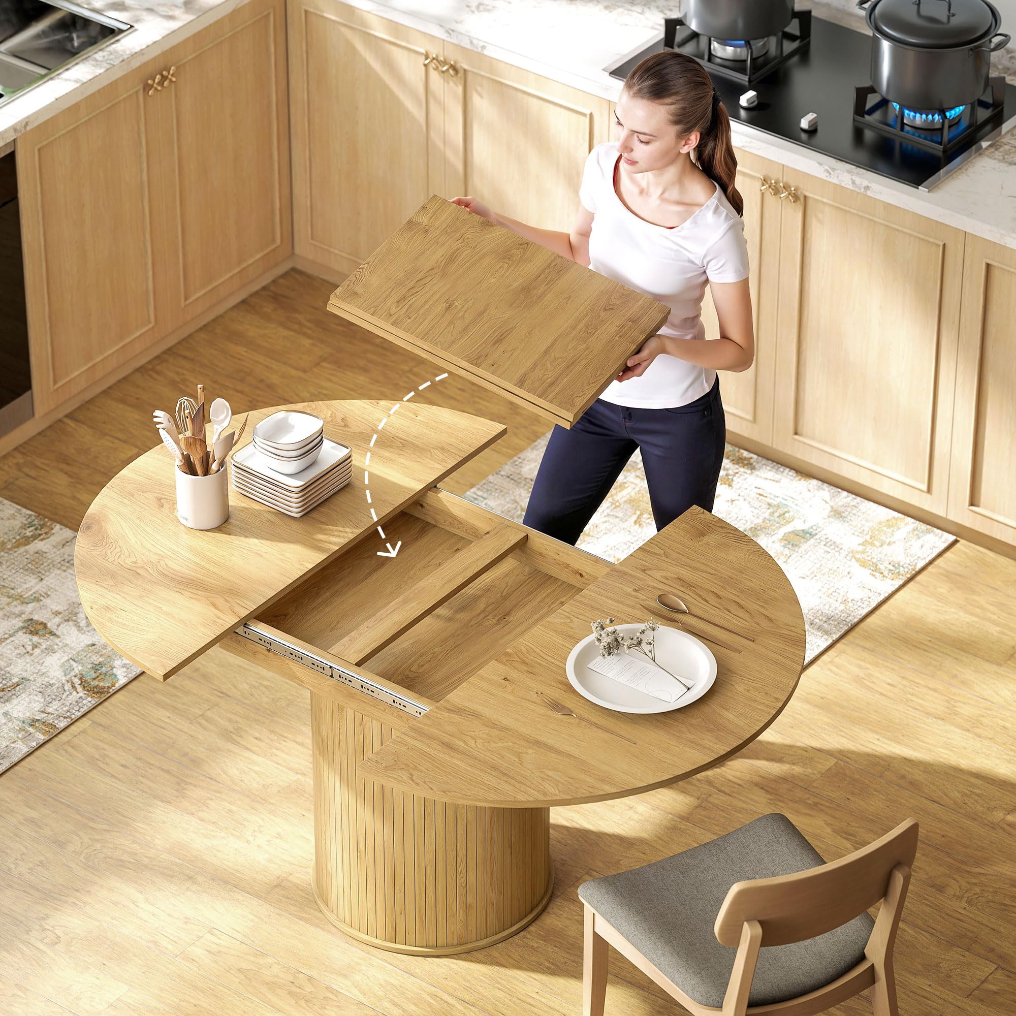 HOMCOM Table à Manger Extensible, Table de Cuisine, pour 6 à 8 Personnes, pour Petits espaces, Style campagnard, 110-150 x 75 cm, Effet Bois Naturel