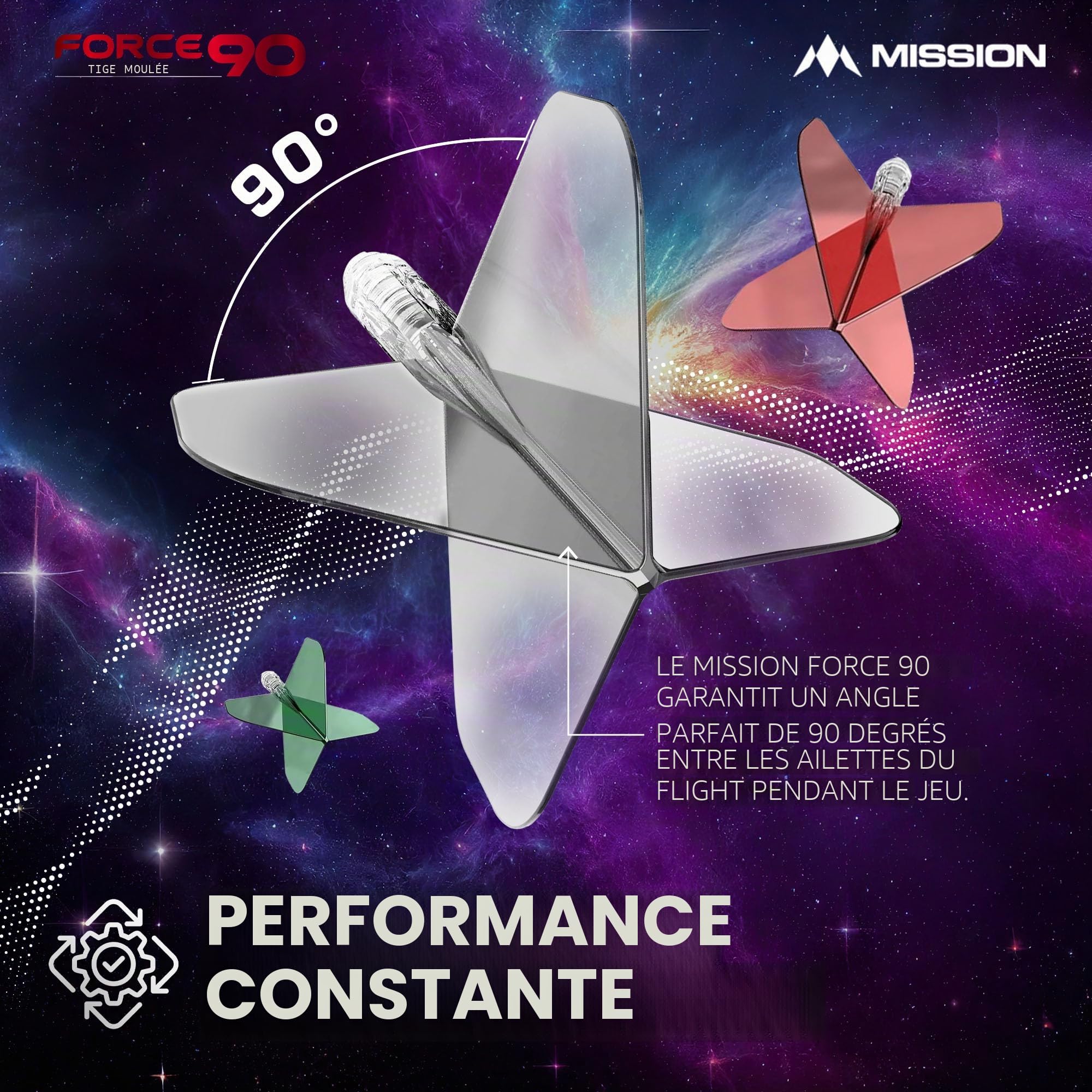 Mission Darts Force 90 | Ailettes et tiges de fléchettes moulées avec précision intégrées, lot de 3 ailettes et tiges professionnelles hautement durables 2 en 1 | Standard n°6