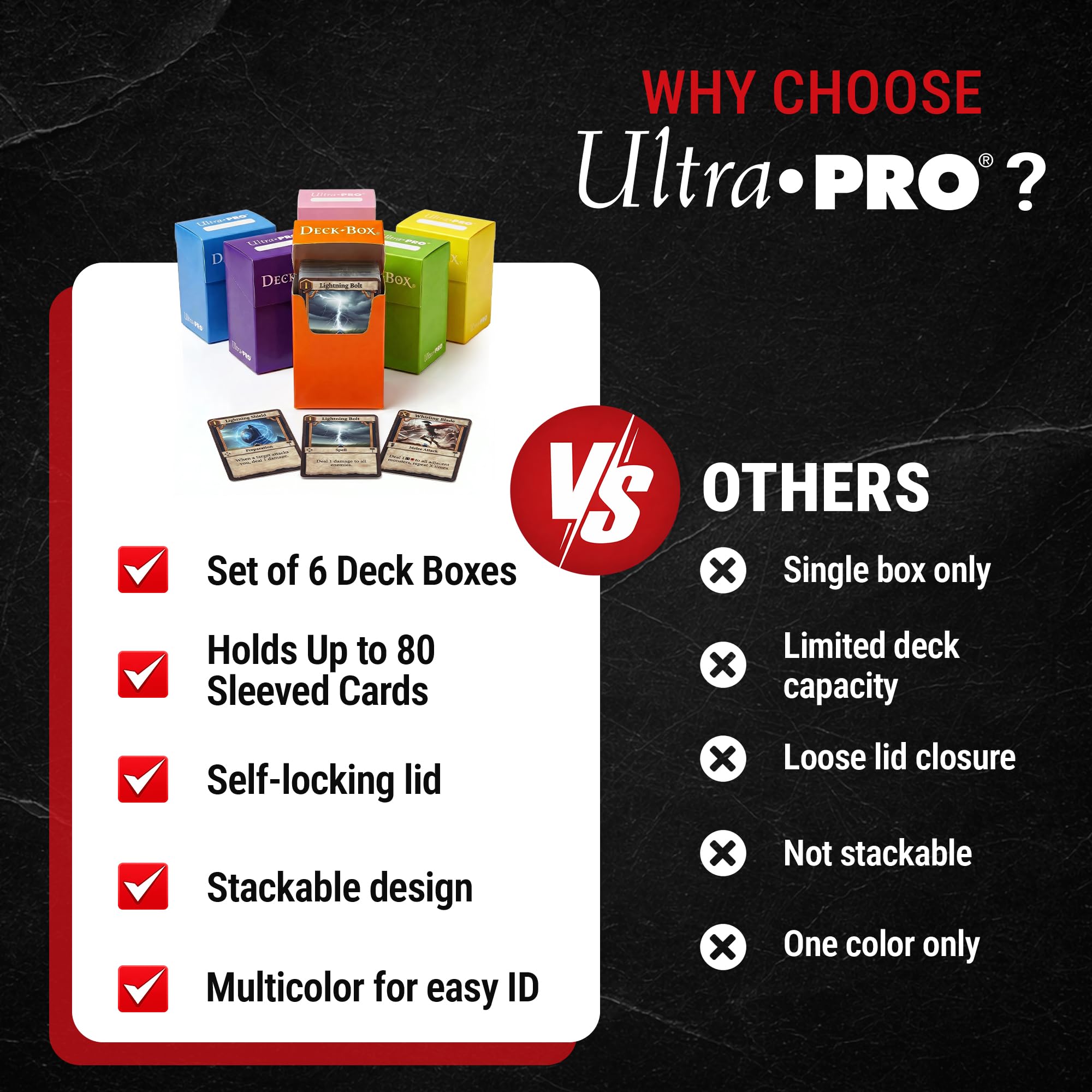 Set of Six New Ultra-Pro Deck Boxes (Incl. Orange, Purple, Light