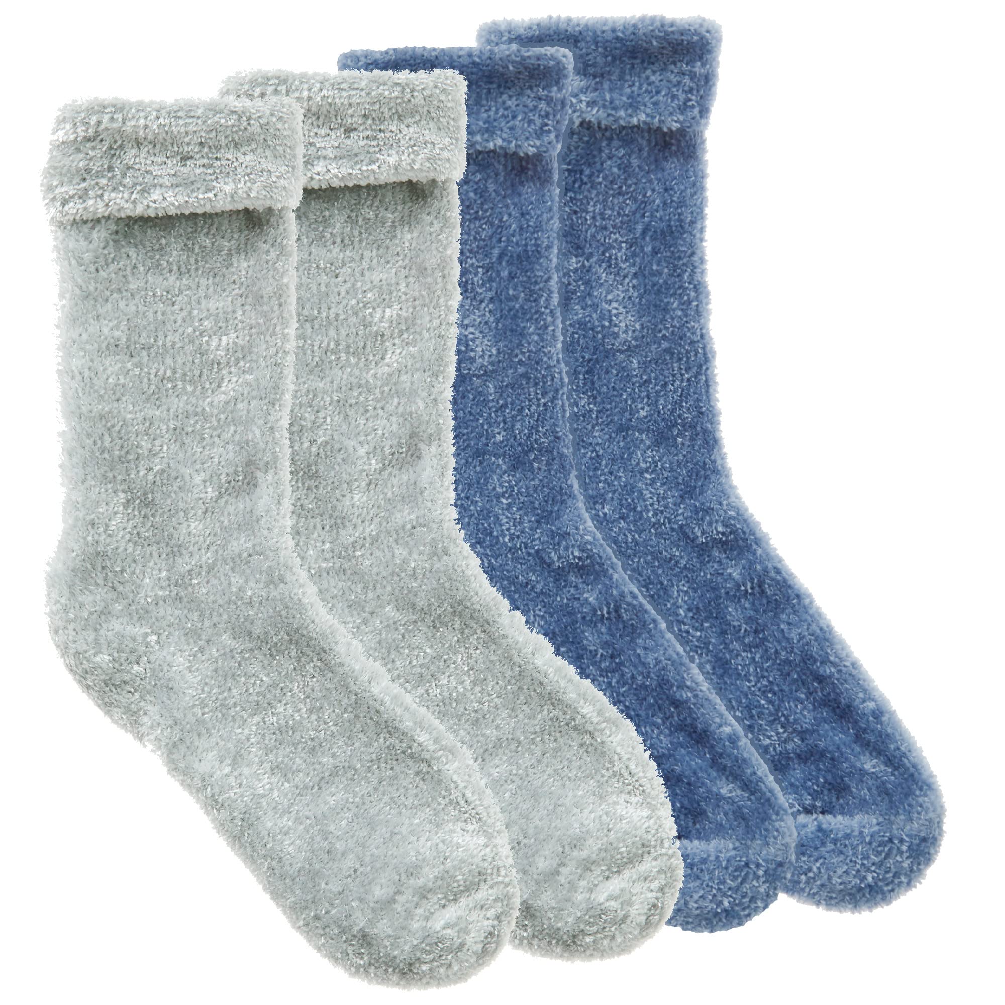 Metzuyan Women's Grey - 2 Pairs Chenille Cosy Fluffy Turn Over Top Plain Luxury Thermal Socks Grey Blue Uk 4-8