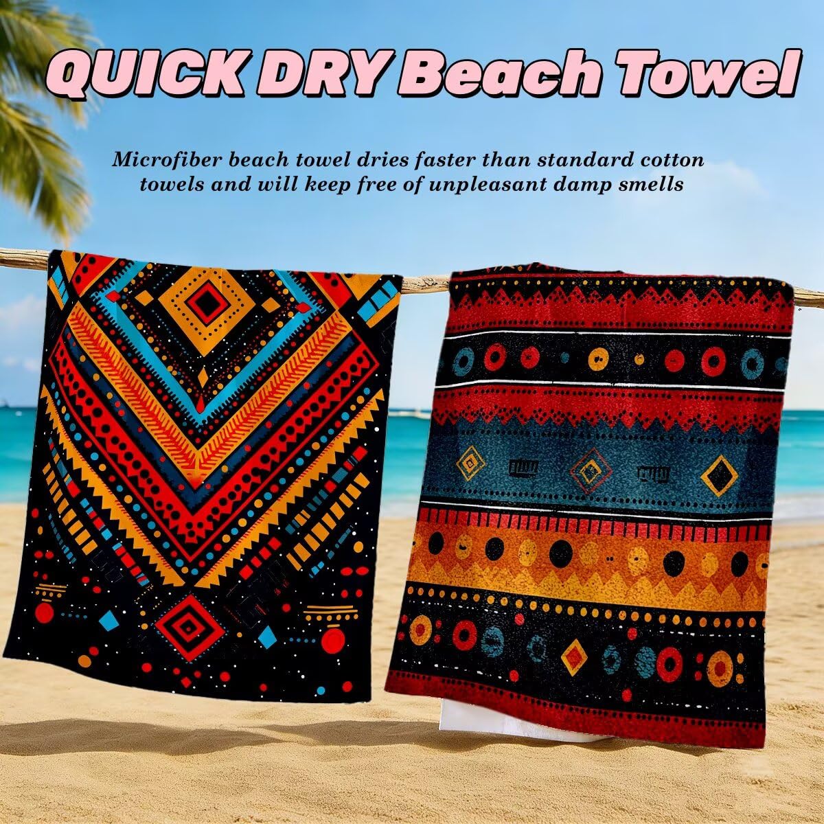 Serviette de Plage Microfibre, Lot de 2 Serviette de Bain Grande Taille 70x140 cm, Séchage Rapide Drap de Bain Rétro, Anti Sable Serviettes de Plage, Serviettes Microfibre Sport pour Travel -4514