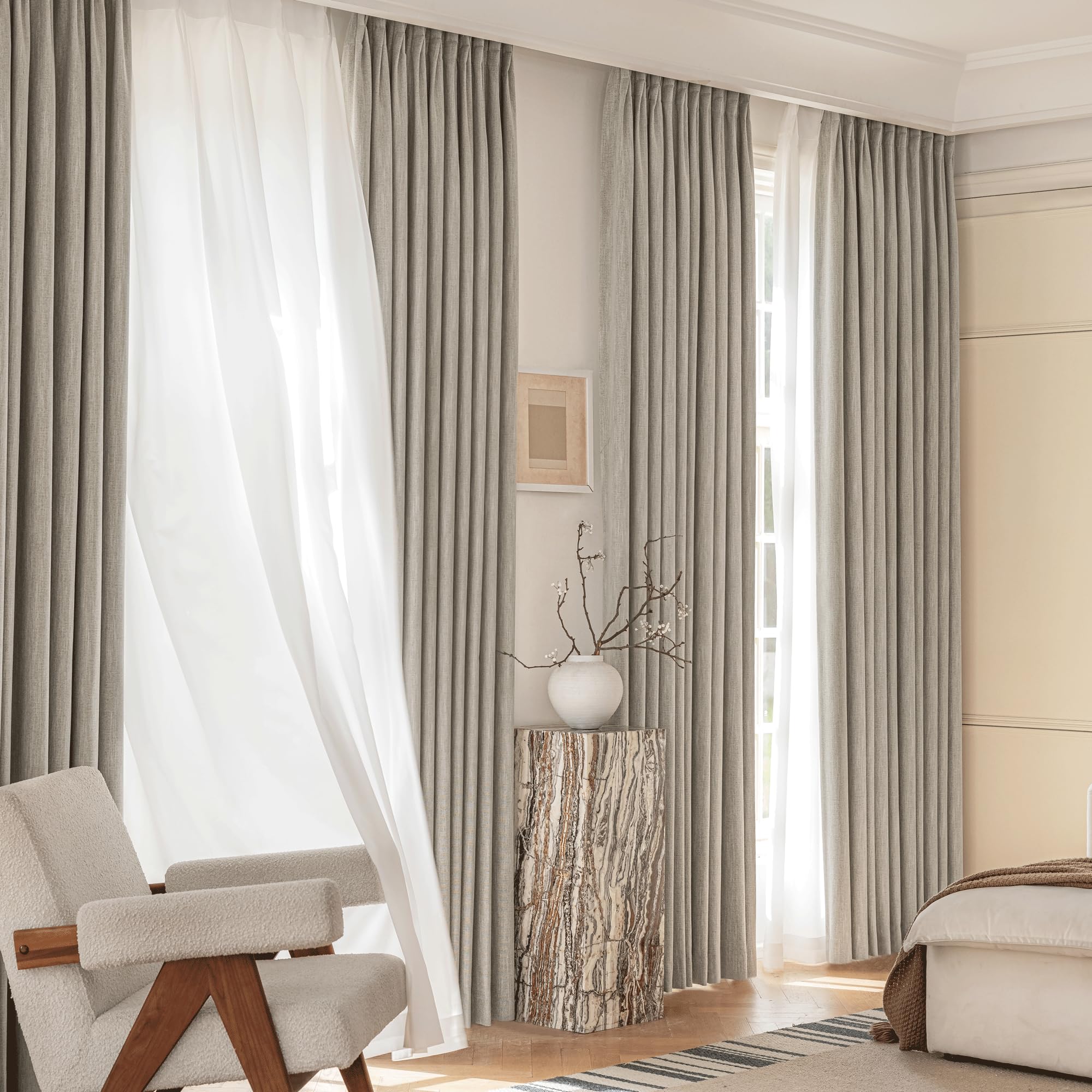 NICETOWN PRO Natural 40x90 2 Panels 100% Full Blackout Curtains for Bedroom Faux Linen Back Tab Curtains, 6cm High Temperature Pleated Drapes, Thermal Insulated & Energy Efficient, Flame Retardant