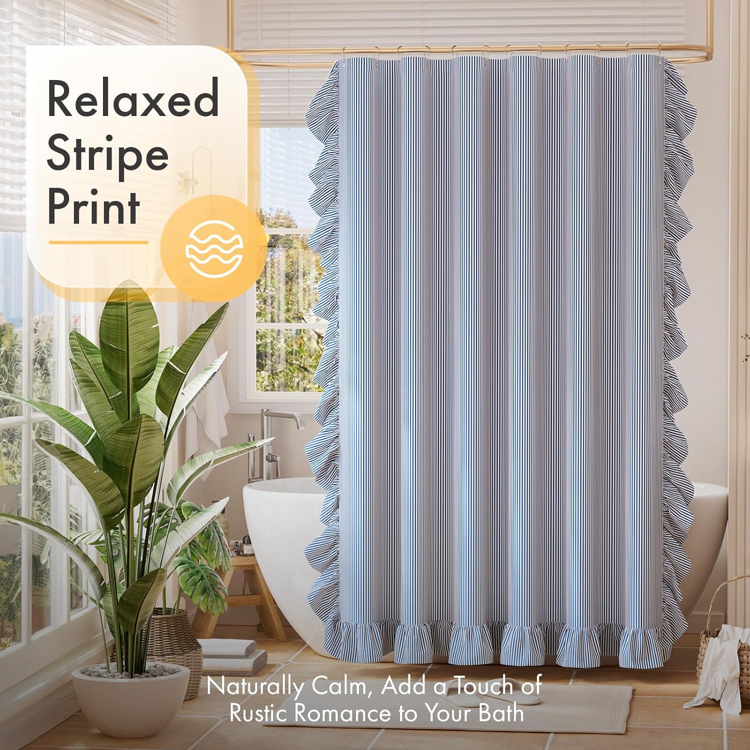Bathway Ruffle Shower Curtain with Three-Side Ruffle, Navy Blue White Striped Farmhouse Boho Curtains, Soft Flowy Layered Fabric, Elegant Rustic Style, Water Repellent, 12 Metal Hooks, 72" W x 72" L