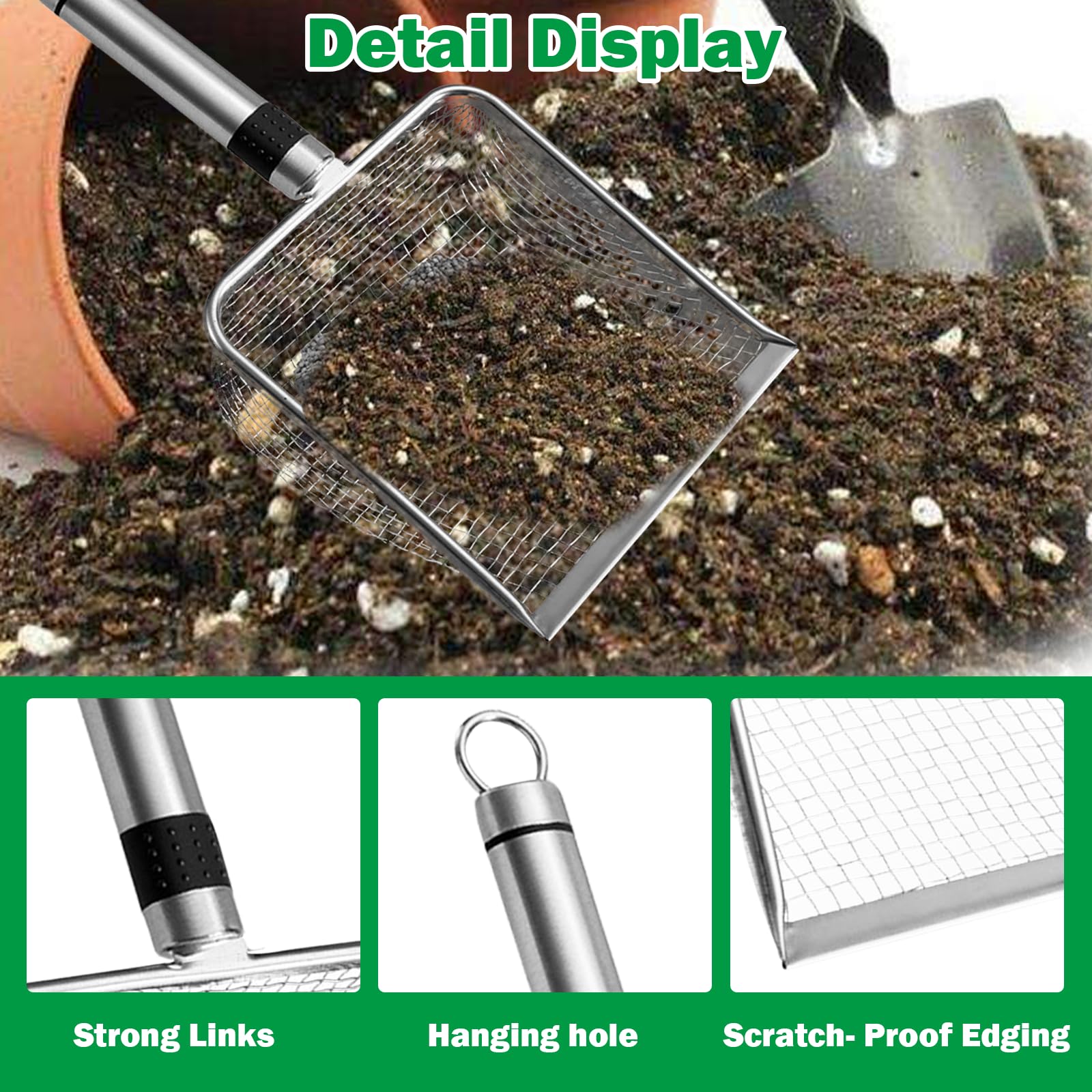4 Stück Gartenerdesieb Kompostsieb mit Griff (2/2.8/3.8/5mm Masche), 4 Größen Gartensieb aus Edelstahl, für Sand Steine Erde Kompost Reiniger Scooper, Katzenschaufel Edelstahl für Katzenklo